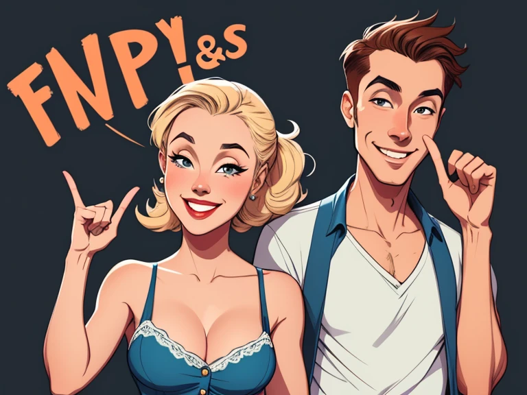 Happy man and woman couple with beautiful smile Cartoon style digital illustration white background PIN UP style 40s clothes on the couple