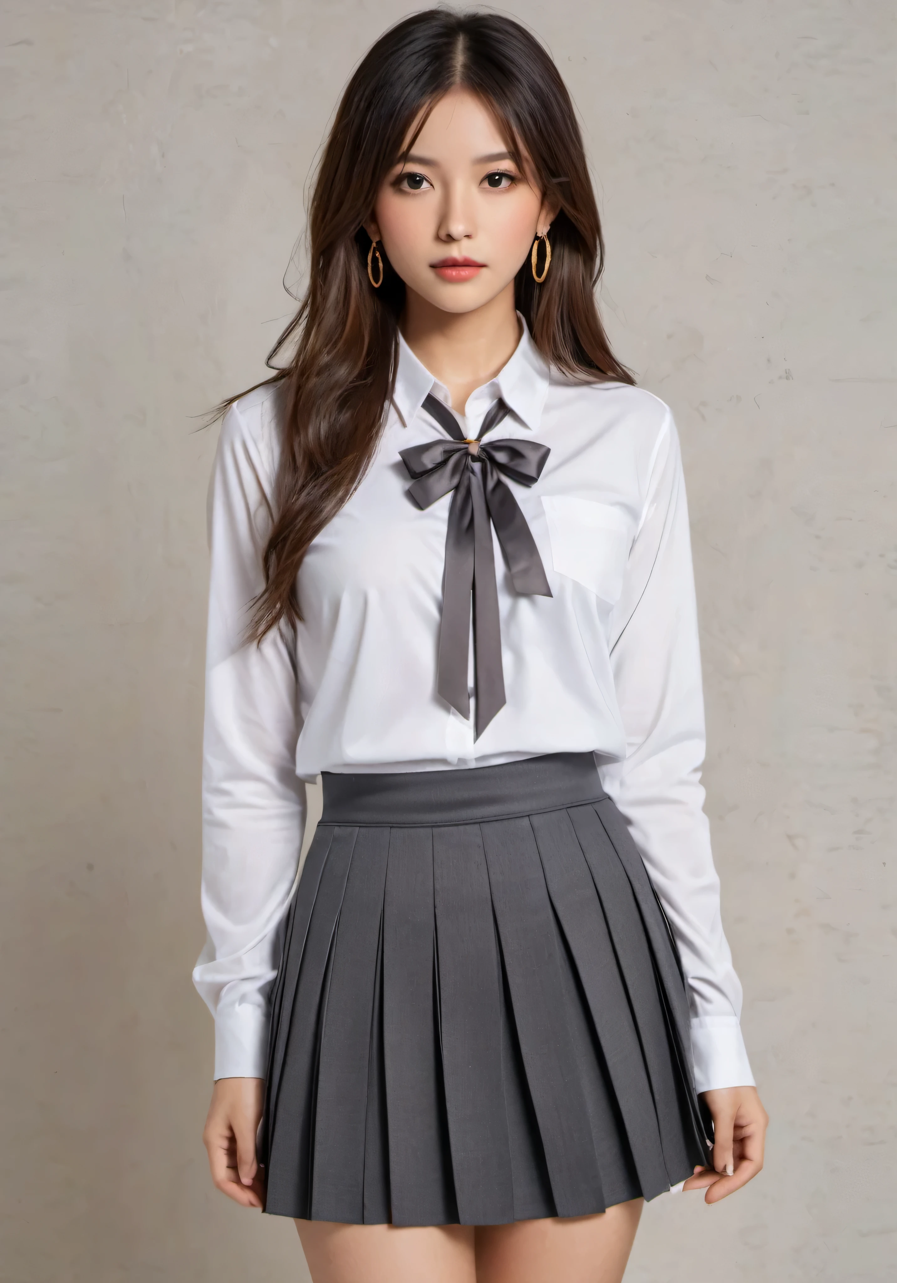 ((Top Quality, 8k, Masterpiece: 1.3)), 1 girl, Beauties with slender abs: 1.3, (Medium Short Hair, Big: 1.2), White Shirt: 1.1, Ultra Detailed Face, Detailed Eyes, Double Eyelids, Black Pleated Skirt, Uniform, Navel, Slender Legs, Knee High Socks, Black Shoes