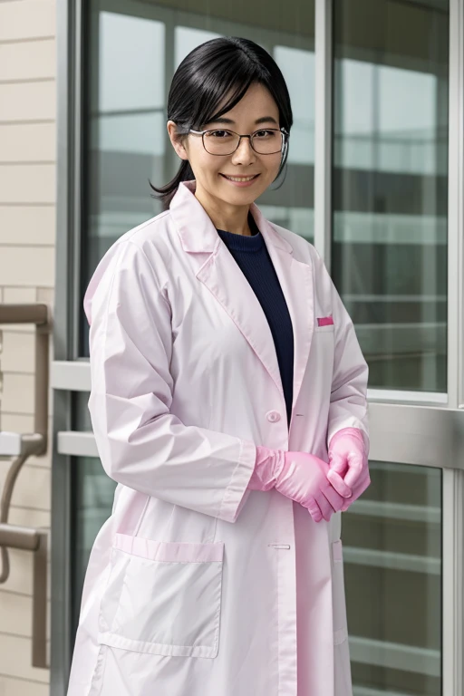 A Japanese woman wearing glasses and a white lab coat with short black hair slicked back, wearing large pink rubber gloves and holding a syringe in a hospital room, looking at the camera with a cold expression