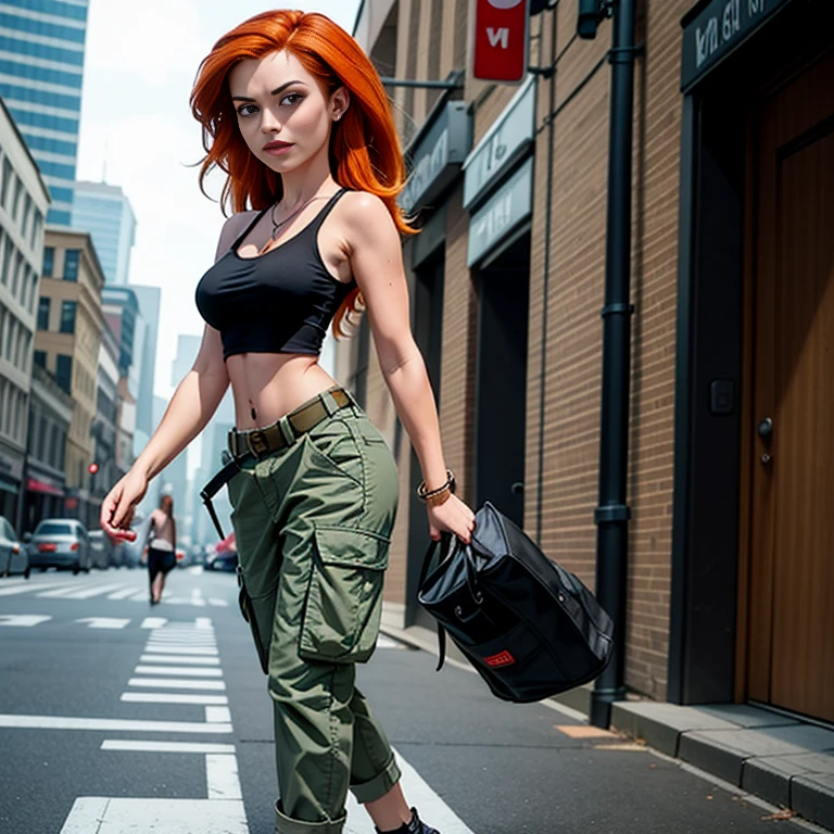 Masterpiece, best quality, detailed face, Kim Possible, black tank top, midriff, cleavage, perfect hands, walking, cargo pants, black shoes, red hair, looking at viewer, sexy smirk, in a city