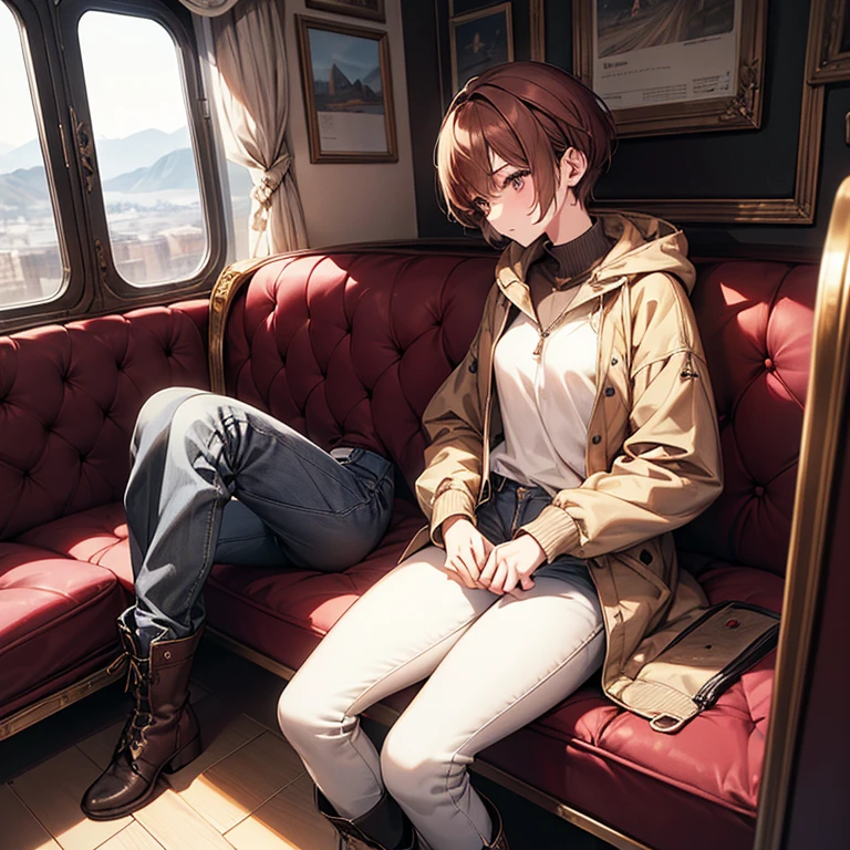 masterpiece、delicate details、On a city train、Slender beauty、Wearing an oversized mountain parka zipped up、skinny pants、tall、I like the style、small breasts、Sharp Eyes、cool beauty、older sister、pixie cut、short nape、Thick-soled boots、Reddish brown hair、