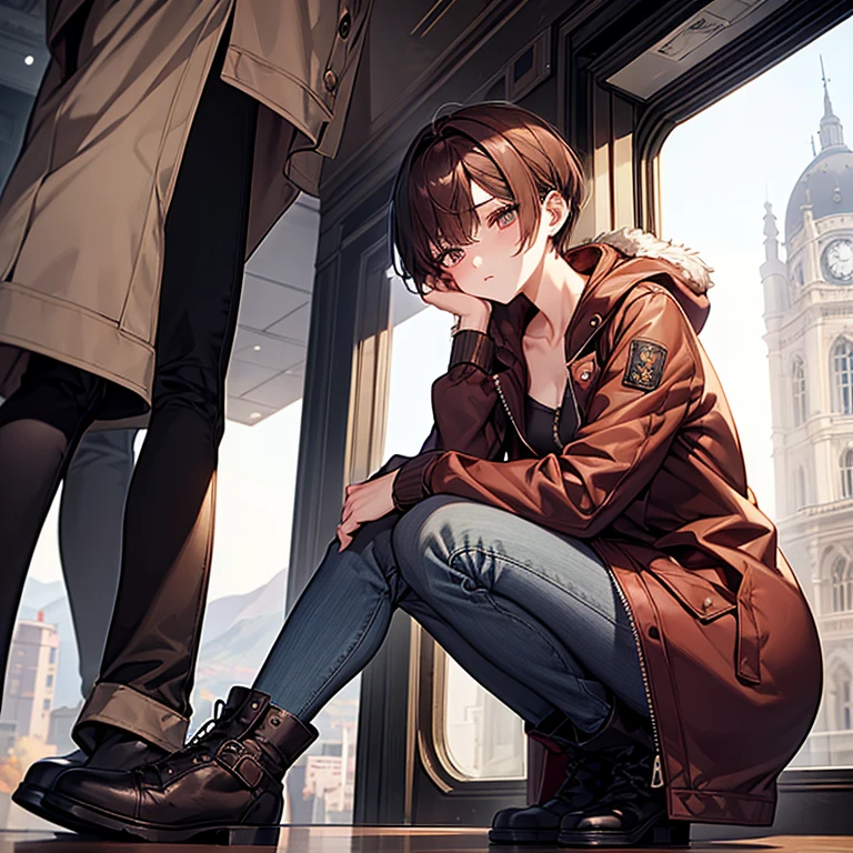 masterpiece、delicate details、On a city train、Slender beauty、Wearing an oversized mountain parka zipped up、skinny pants、tall、I like the style、small breasts、Sharp Eyes、cool beauty、older sister、pixie cut、short nape、Thick-soled boots、Reddish brown hair、