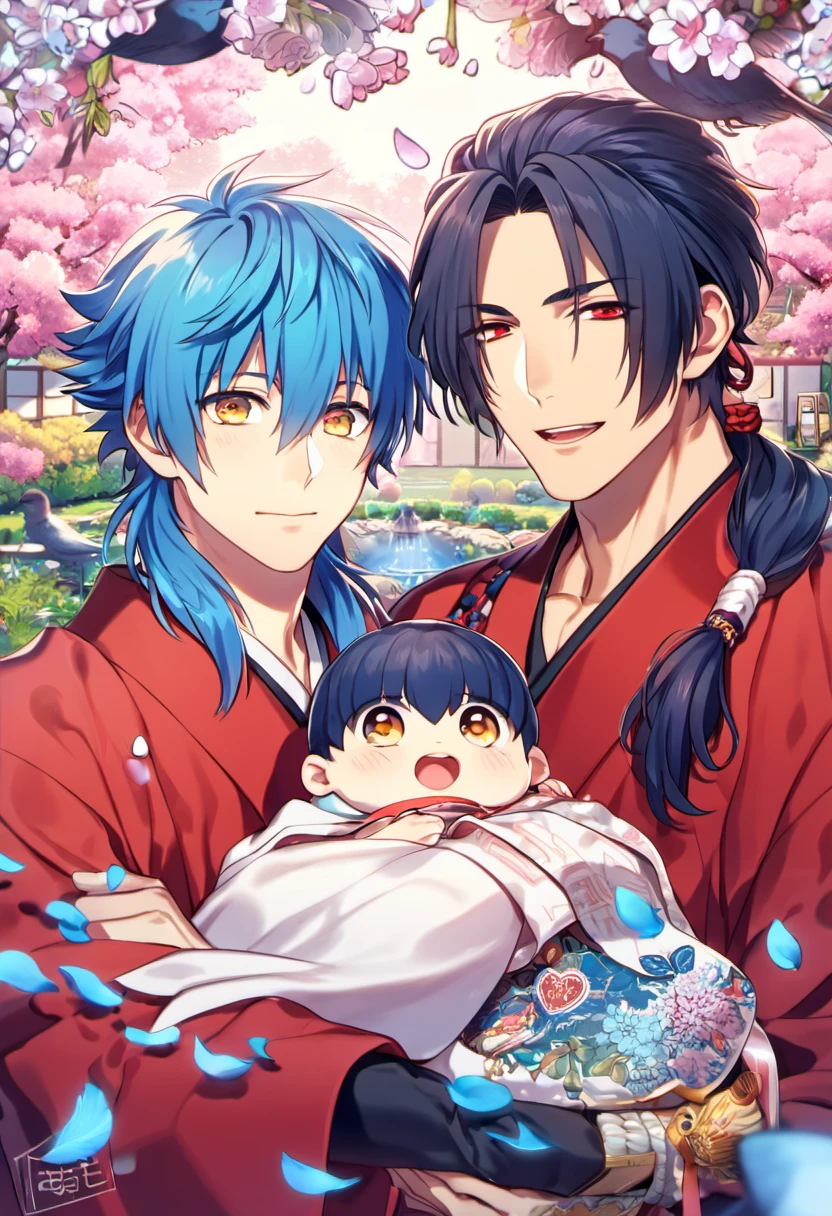 absurdres, highres, ultra detailed, HDR, masterpiece, Koujaku, dark navy hair that is short and a little chopped at the top, expressive red eyes, Dramatical Murder, Seragaki Aoba, blue hair, expressive golden eyes, 2 men together, holding a cute baby, gay couple, red kimono, designed with decorations such as blue leaves, birds and blossoms, petals, garden