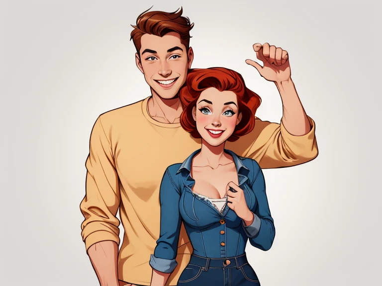 Happy man and woman couple with beautiful smile Cartoon style digital illustration white background PIN UP style 40s clothes on the couple