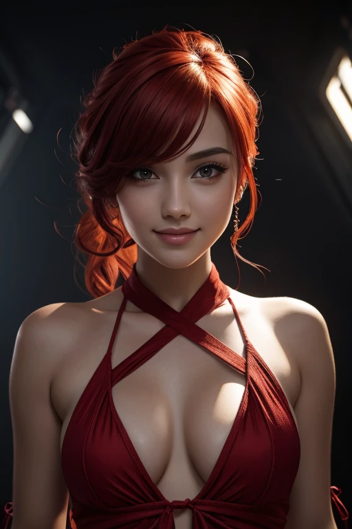 highly detailed, 8k, masterpiece, 1girl, Red tied_hair, dress , crazy_smile, (perfect_face), detailed_background, full_body, bloom,(beautiful lighting:1.3), caustics, dynamic lighting, from_below