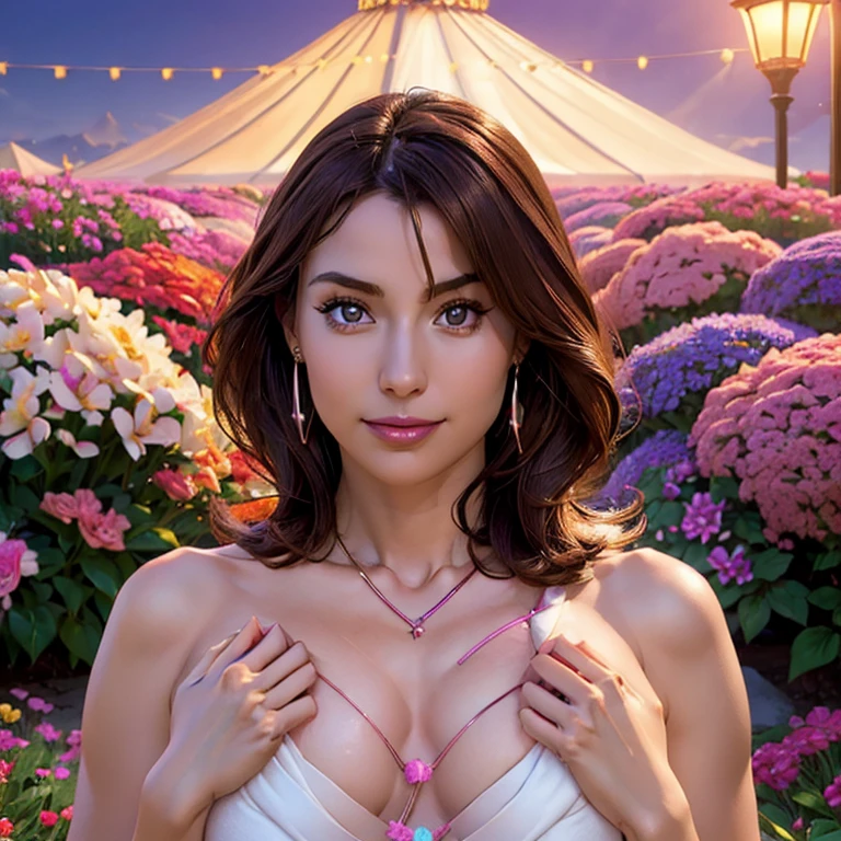  (((show your chest:1.6))),(((show your chest:1.6))),(((show your chest:1.6))),masterpiece, highest quality, 8K, absurd, beautiful girl, cute, outdoor,((Seven episodes were filmed.:1.4)), (Completely naked:1.5), Wear a cashmere scarf, (dark brown hair),Good shape, no makeup, , 、Voluptuous style: close and far, Depth of the bounds written, surreal, High resolution, photograph, sharp focus, North African Trade Area, face lamp, dynamic lighting, highest detailed, Bathroom, earrings, necklace,Extreme detaileds、Super detaileded、detailed、real skin、exquisite features、Positive and optimistic、The background is a colorful flower field