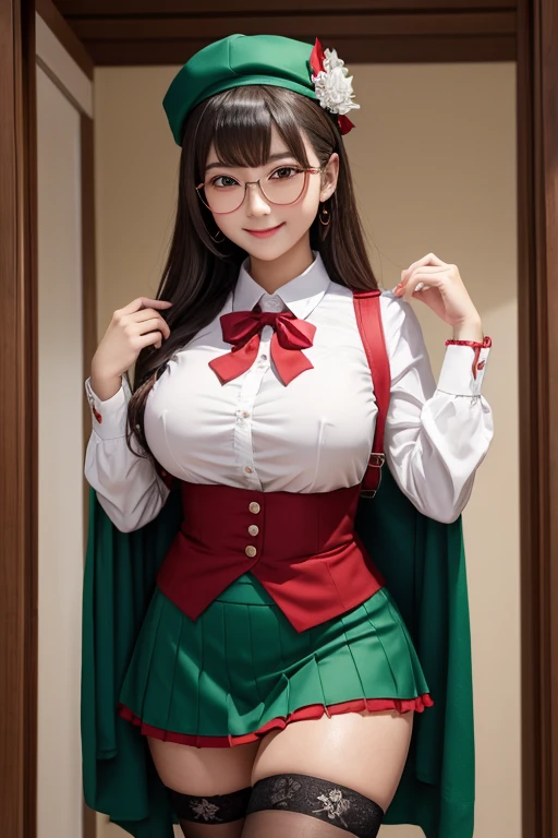 ((masterpiece, highest quality)), Aston Machan (umamusume),, smile, big breasts, Upper body, , long sleeve, white shirt, frills, green skirt, button, black stockings, Hanging, , wore glasses, red frame glasses, Red Hat Crown, , crazy eyes, glowing eyes, ,