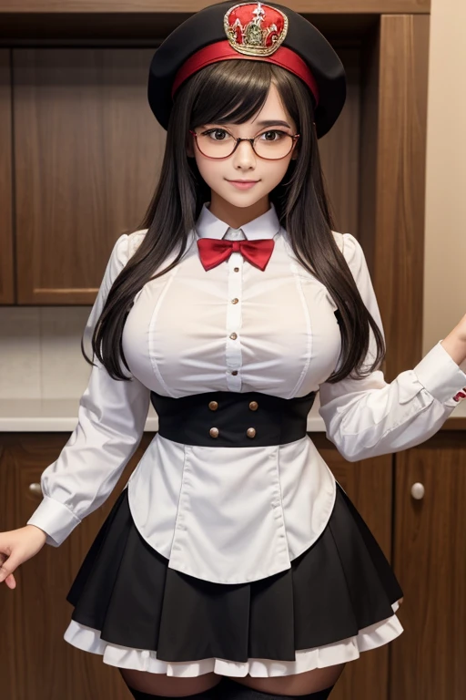 ((masterpiece, best quality)), aston machan (umamusume),, smile, large breasts, upper body, , long sleeves, white shirt, frills, green skirt, button, black thighhighs, suspender, , espectacled, red-framed eyewear, red hat crown, , crazy eyes, glowing eye, ,  