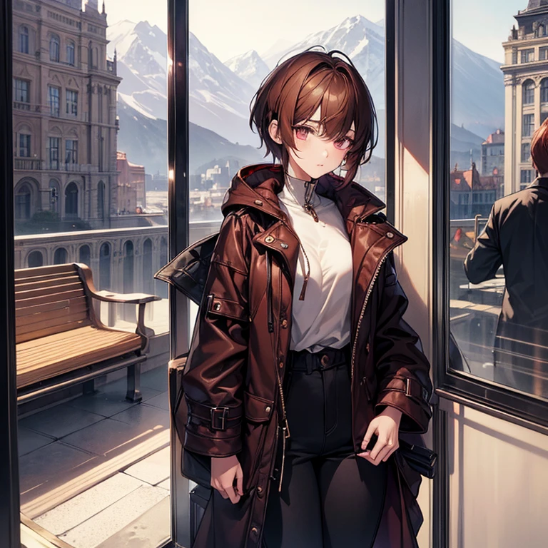 masterpiece、delicate details、On a city train、Slender beauty、Oversized mountain parka、high neck、Zipped up to the neck、skinny pants、tall、I like the style、small breasts、Sharp Eyes、cool beauty、older sister、pixie cut、short nape、Thick-soled boots、Reddish brown hair、