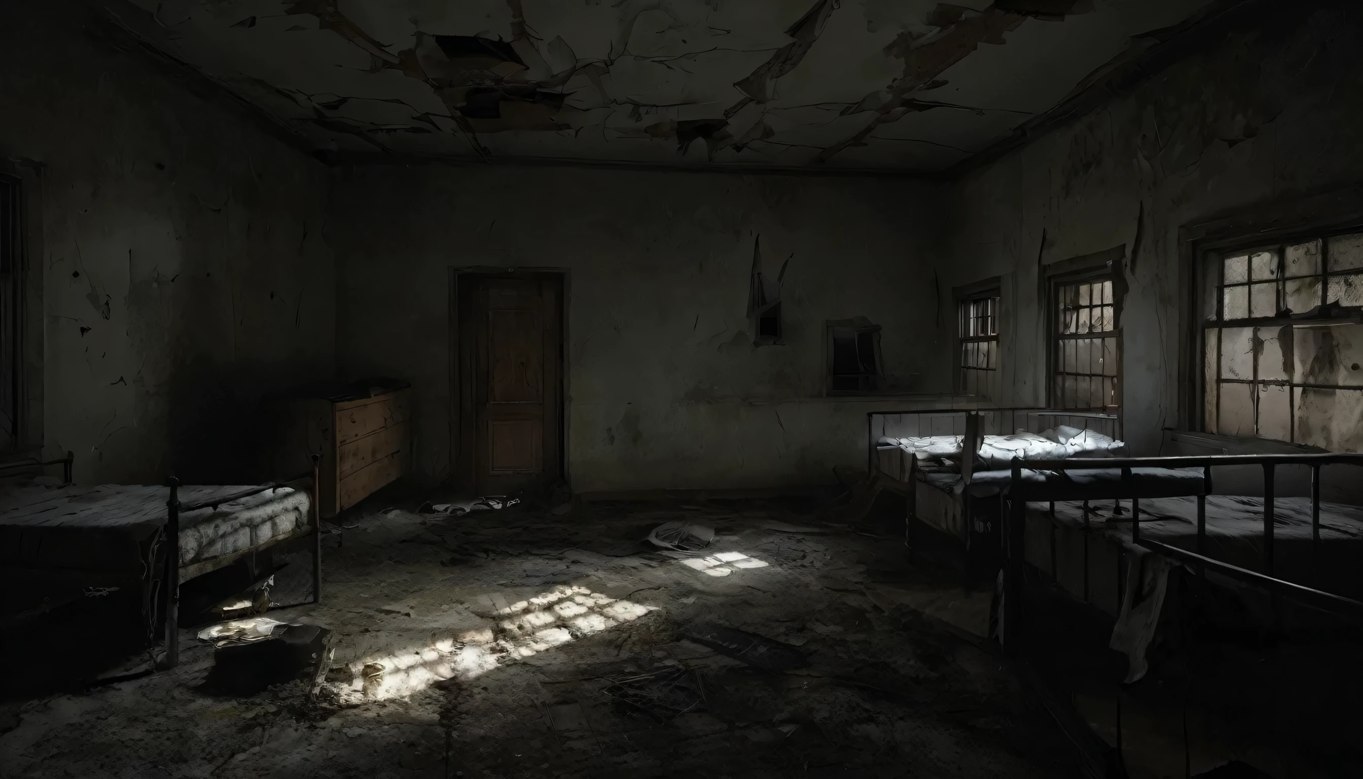 /Imagine the prompt:,
dark and scary abandoned ward. the room is dark、overhead lights flicker,Casting an eerie shadow on the cracked wall. Rusty medical instruments scattered around,covered in dust and cobwebs. bed is not made,their sheets were disheveled,and the curtains are torn and hanging down. A faint light comes in from the broken window,A cold wind that brings anxiety. breaking the silence、Sometimes the floorboards creak、Only the sound of water drops can be heard from a distance.。. A profound atmosphere that makes you feel fear and mystery,As if there were still unforgettable memories of the past in that room..,