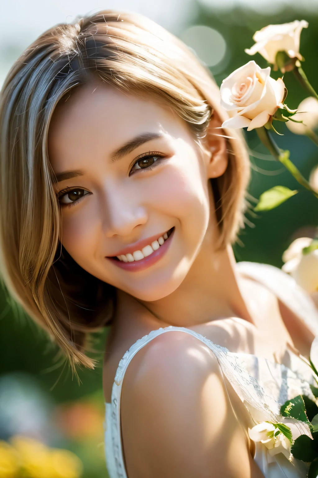 View, panorama, perspective, Depth of the bounds written, bust, Upper body, cinematic angle, table top, highest quality, super detailed, nffsw, 8k wallpaper, beautiful face, delicate eyes, Landmines, alone, smile, silver hair, golden eyes, Fair skin, hair, Red scarf, white evening dress, rose畑, Red flower, rose, flower garden, petal, 飛んでいるpetal, smile
