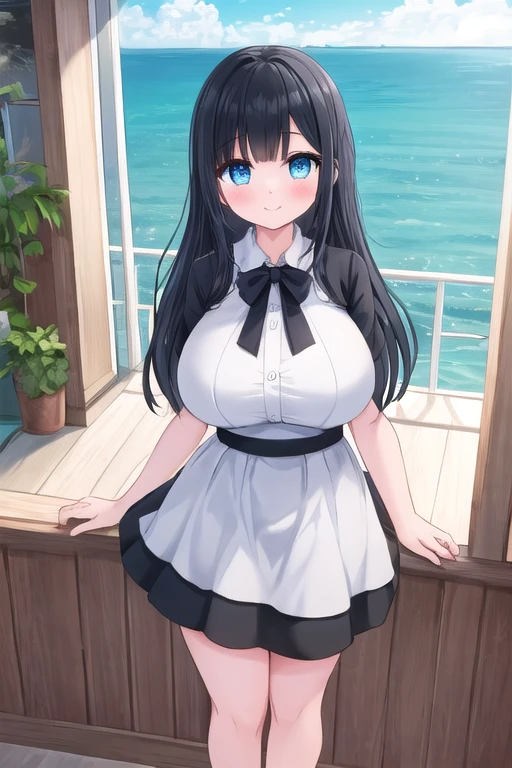 ((best quality)), ((masterpiece)), (detailed), perfect face, perfect hands,
A Thicc Busty Cute Girl, Long Black hair, Beautiful Blue eyes, (Extremely Over-exaggerated, Massively Oversized, Extremely Enormously Ginormous Breasts), very wide hips, (Incredibly Enormous, Extremely Massive thighs), and is very short. Wearing a (Mild Cleavage, off-shoulders, Cute short White Dress) with Black shoulder straps, a Long Black pleated skirt, Standing in a Modern House, with a beautiful Ocean view in the background, Pretty Face, with a cute little smile.