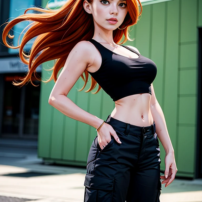 Masterpiece, best quality, detailed face, Kim Possible, black tank top, midriff, cleavage, perfect hands, walking, cargo pants, black shoes, red hair, looking at viewer, sexy smirk, in a city, close up