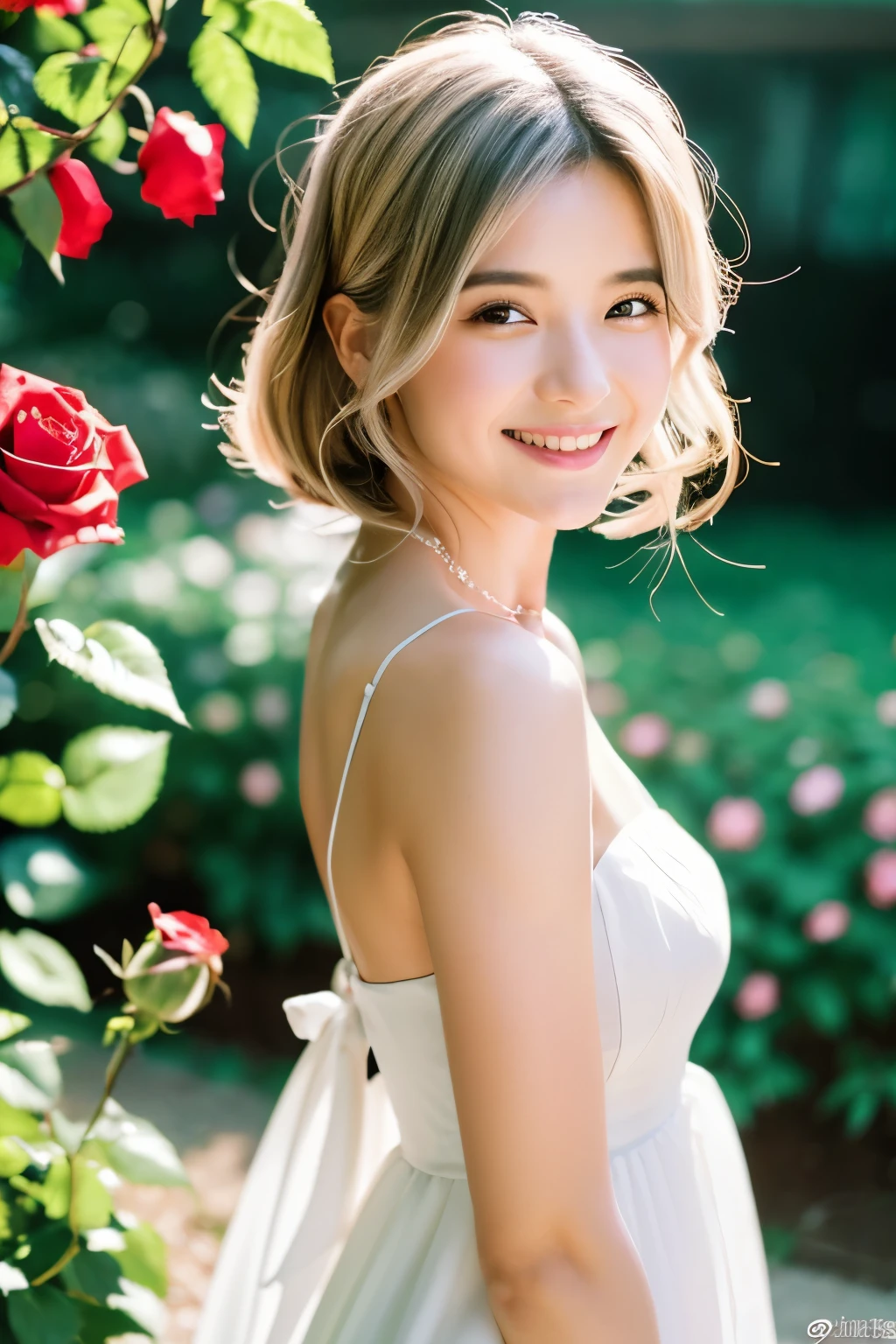 View, panorama, perspective, Depth of the bounds written, bust, Upper body, cinematic angle, table top, highest quality, super detailed, nffsw, 8k wallpaper, beautiful face, delicate eyes, Landmines, alone, smile, silver hair, golden eyes, Fair skin, hair, Red scarf, white evening dress, rose畑, Red flower, rose, flower garden, petal, 飛んでいるpetal, smile