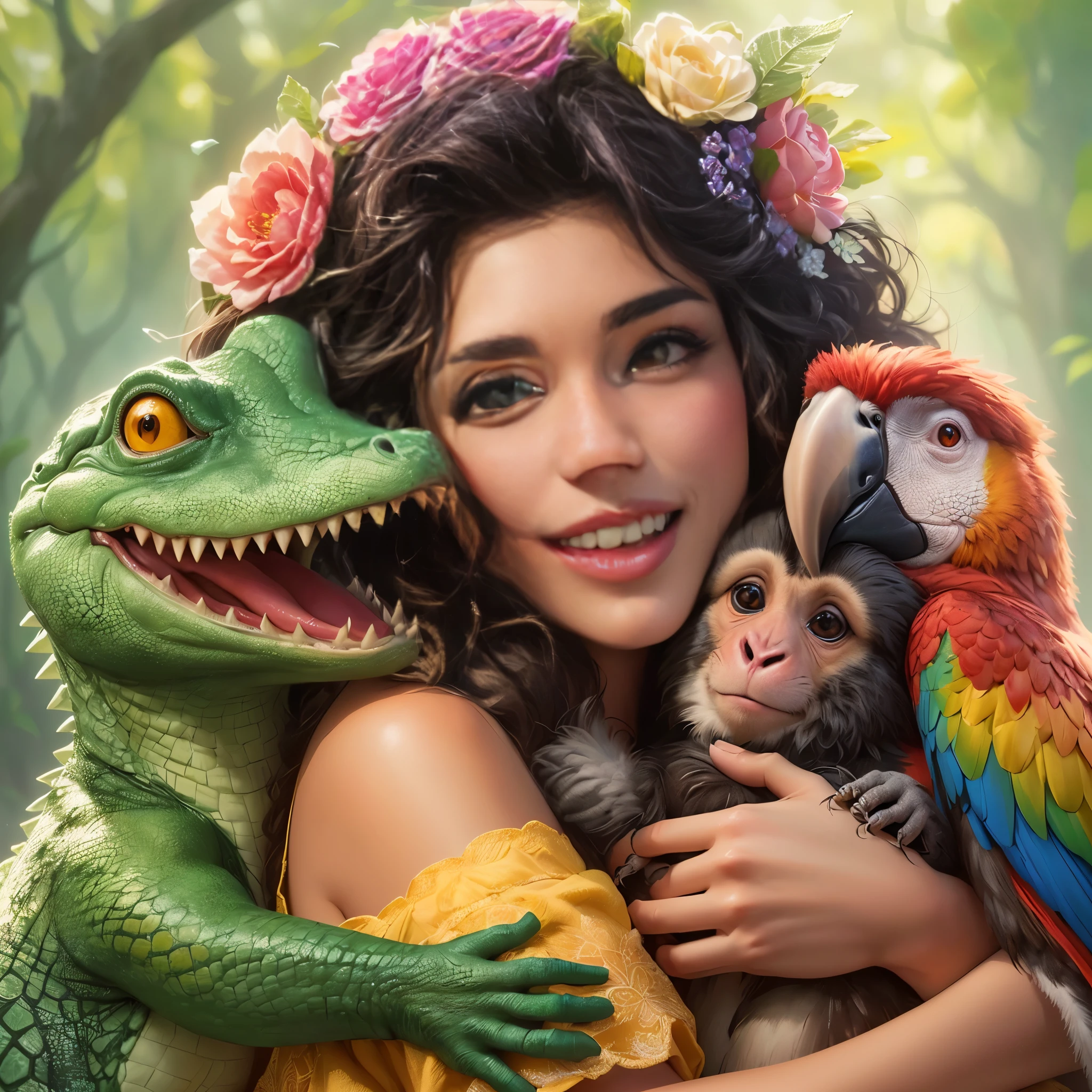 there is a woman holding a monkey, a parrot and a crocodile, realistic fantasy illustration, photorealistic disney, ultra realistic 3d illustration, Beautiful digital illustration, in the style of the croods movie, adorable digital painting, fantasy art behavior, Beautiful artwork digital art, realistic disney photo, stunning digital illustration, cute detailed digital art, inspired by Alison Kinnaird, beautiful fantasy art portrait