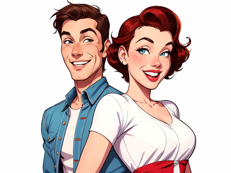 Happy man and woman couple with beautiful smile Cartoon style digital illustration white background PIN UP style 40s clothes on the couple