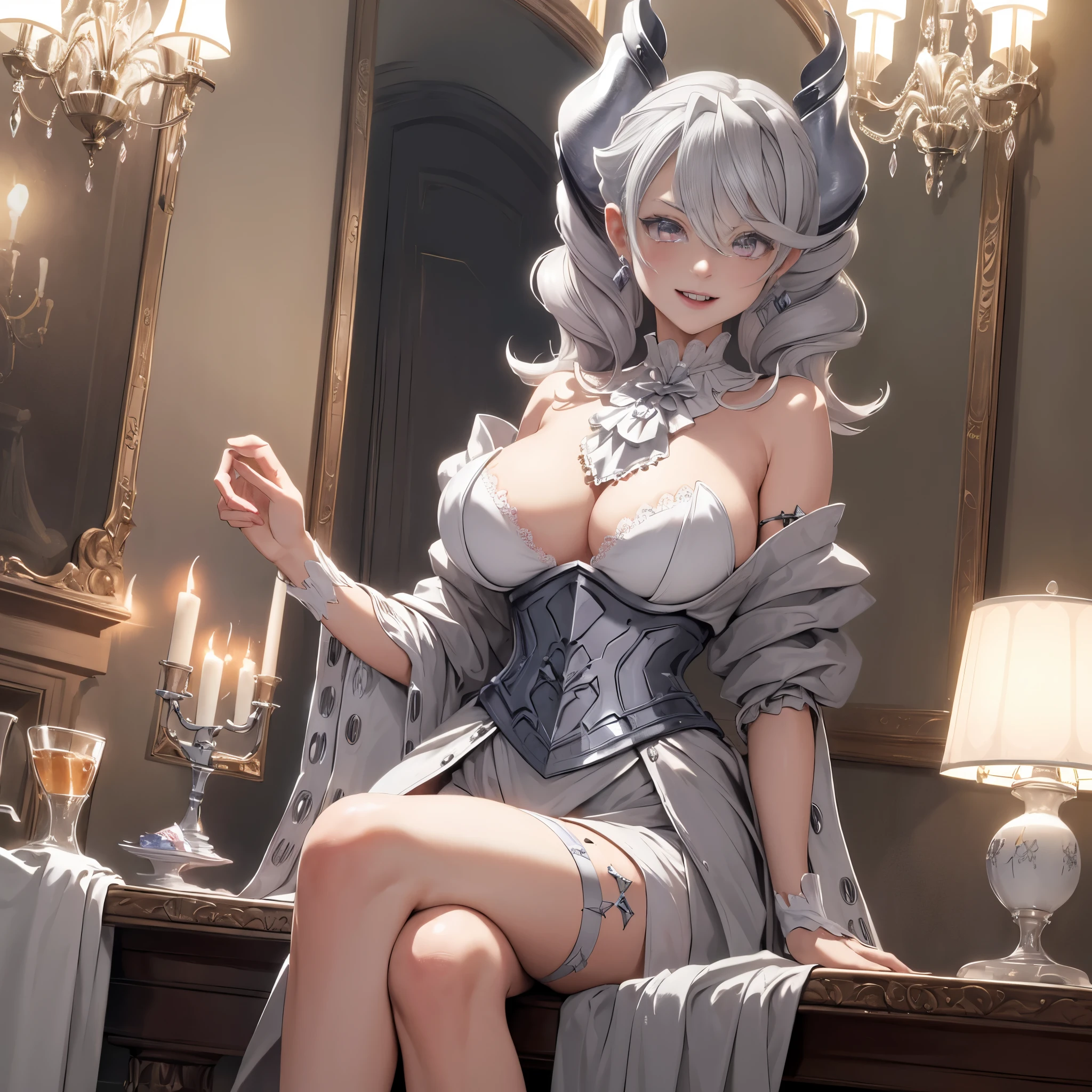 ((masterpiece)),(best quality), ((extremely detailed CG unity 4k wallpaper)),(cinematic lighting), (an extremely delicate and beautiful evil girl:1.3),face, fixed eye, hand fixed (++silver hair++), pink eyes, long hair, jewelry,earrings, :d, maid, labrynth,
Large breast ,(Crystal chandelier), horn ,indoor ,view from side, hand over lab, sitting , crossed leg in detailed, all body , leg fixed, shenhedef, shenhernd