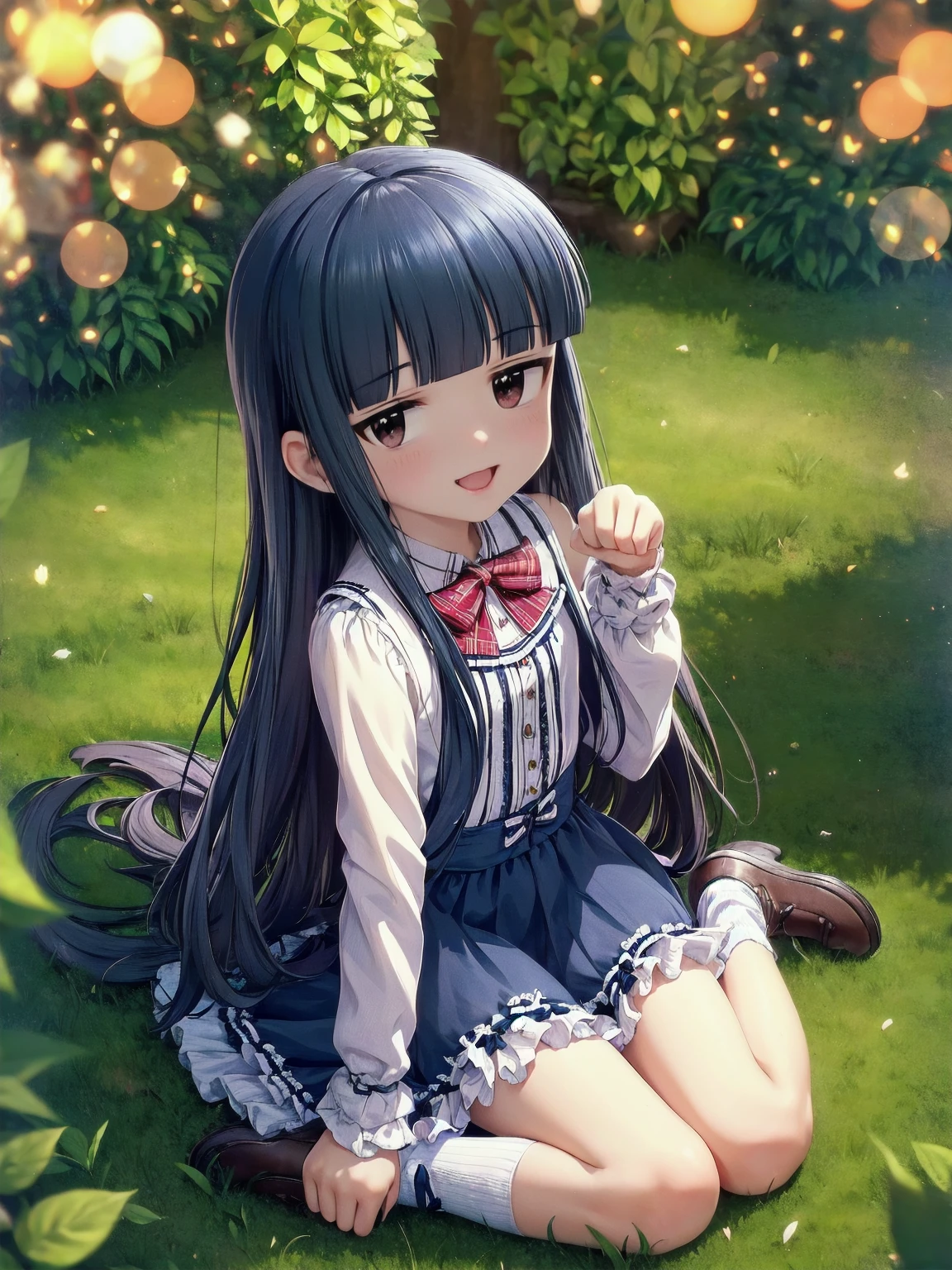 16k, highres, masterpiece, best quality,
cinematic film still,
a pinup of short girl, taking paw pose joyfully, sitting, wariza, smile, :d, detailed background, looking at viewer, close up, from above,
yukimi, long hair, blunt bangs, flat chest, (expressionless:1.1),
blue silk sundress, frills, detailed embroidery, socks, shoes, bow,
shallow depth of field, vignette, highly detailed, high budget, bokeh, cinemascope, moody, epic, gorgeous,
film grain, grainy,