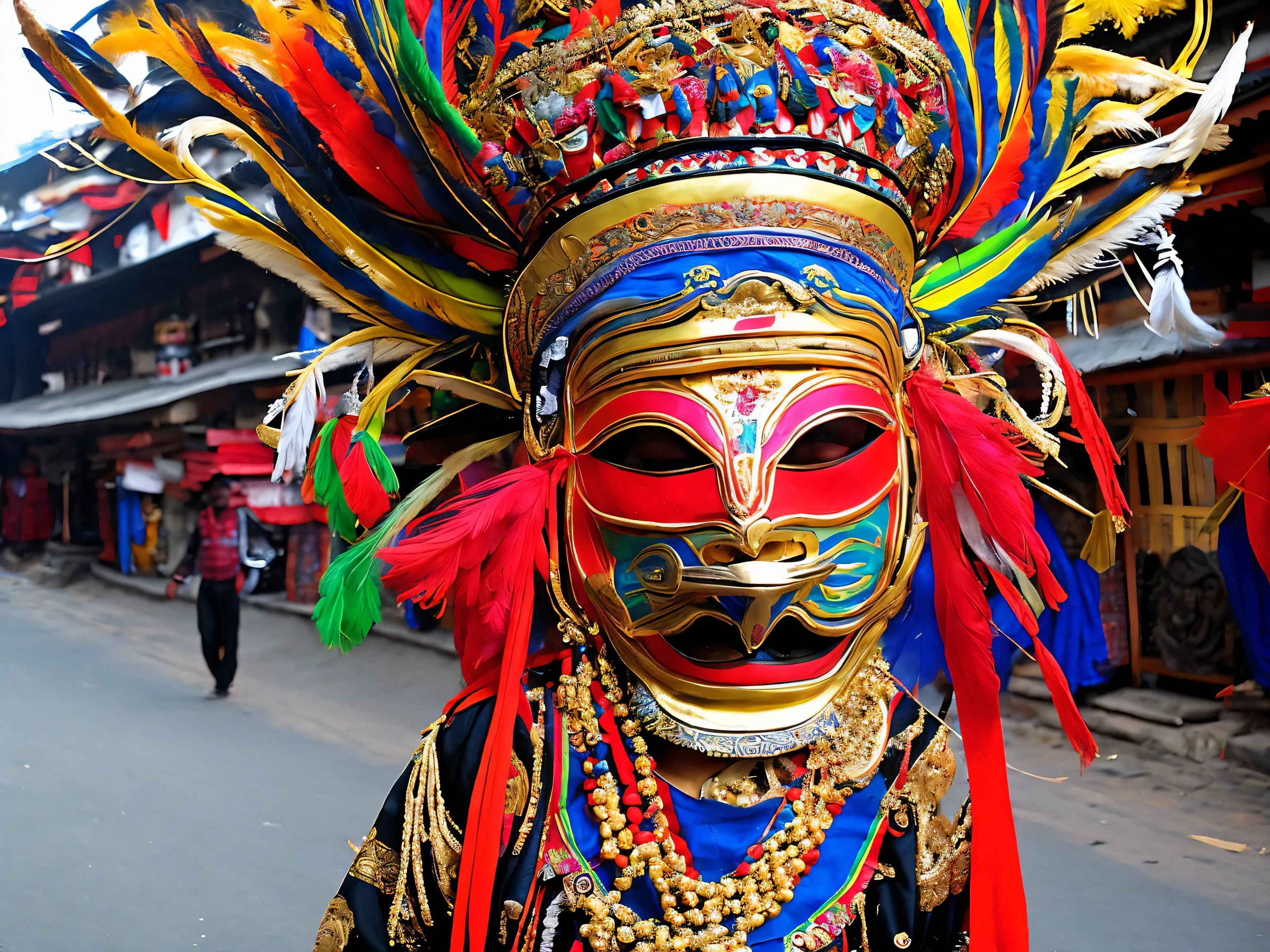 arafed mask with colorful ribbons and feathers on a street, yellow dragon head festival, villain wearing a red oni mask, ornate mask and fabrics, intricate mask, nepal, ornate mask, narasimha, regal and menacing visage, festival of rich colors, tribal mask, gorgeous and huge head ornaments, coy expression wearing intricate, wearing wooden mask