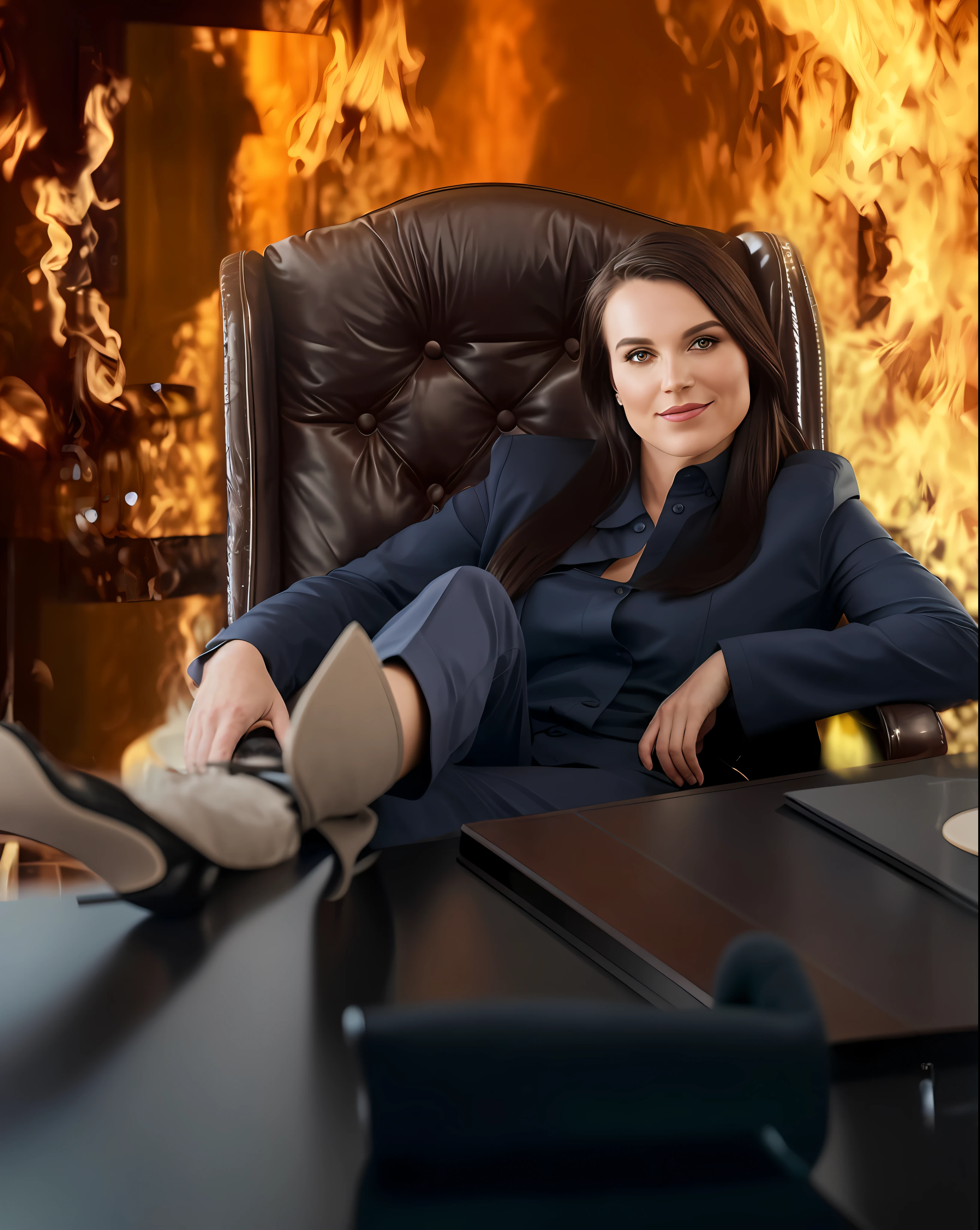 A sophisticated businesswoman relaxes in a cozy office, surrounded by plush chairs and tasteful decor. She sits in a black leather swivel chair, dressed in a scarlet blouse that highlights her poise and elegance. To her left, uma mesa de madeira polida sustenta um laptop aberto com uma tela brilhante, suggesting an important task at hand. At the same table to your right, a clear glass bottle of red wine sports a prominent label, suggesting a refined sense of taste and appreciation for luxury.
Em primeiro plano, the viewer's eye is drawn to the stylish bottle, que fica ao lado de uma pilha vertical de livros. The background is illuminated with warm light, casting long shadows and creating a cozy atmosphere. No canto superior direito da sala, a well-appointed wine rack awaits other selections.
Fora do estudo, pelas portas francesas, daylight illuminates a parking area where a stylish sports car is parked. O exterior vermelho brilhante do carro complementa o top da moda feminina, suggesting a harmonious alignment of aesthetic priorities.
Geral, the composition encourages the viewer to appreciate the balance between work and leisure, onde a quietude e a atividade podem coexistir de maneira elegante e produtiva.