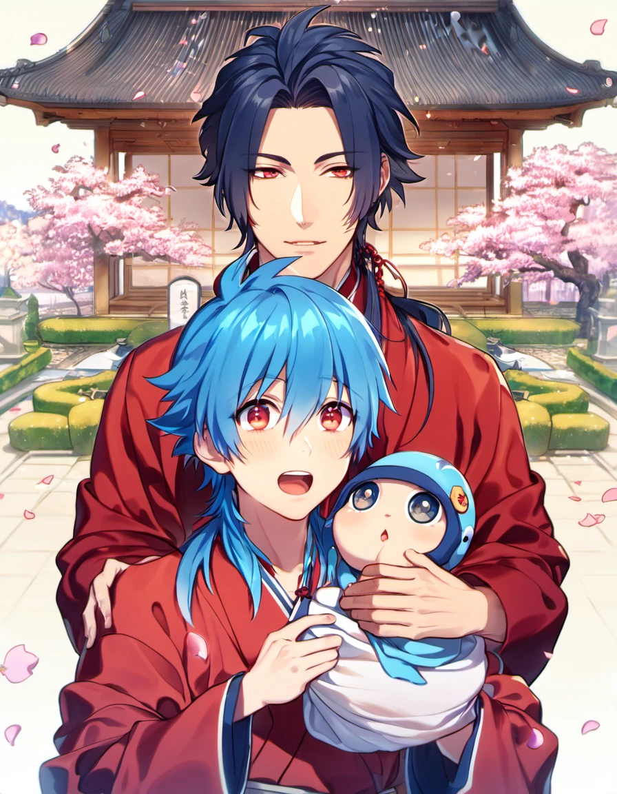 absurdres, highres, ultra detailed, HDR, masterpiece, Koujaku, dark navy hair that is short and a little chopped at the top, expressive red eyes, Dramatical Murder, Seragaki Aoba, blue hair, expressive golden eyes, 2 men together, holding a cute baby, gay couple, red kimono, designed with decorations such as blue leaves, birds and blossoms, petals, garden