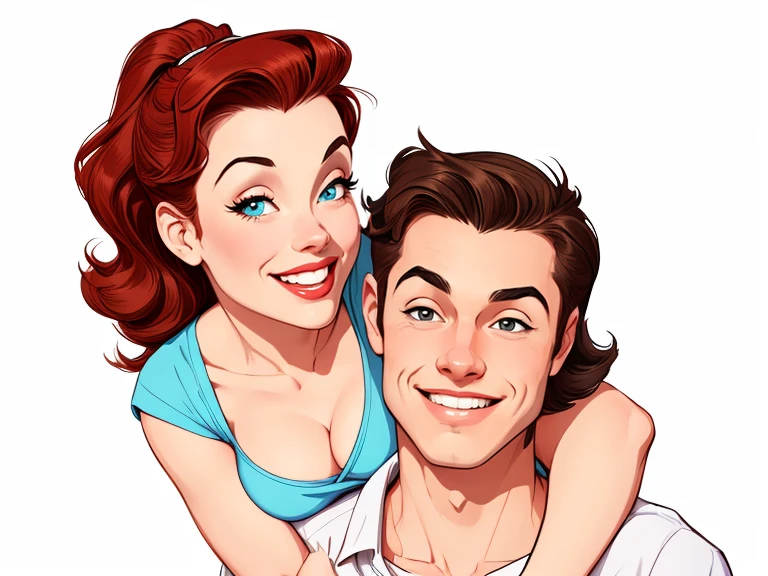 Happy man and woman couple with beautiful smile Cartoon style digital illustration white background PIN UP style 40s clothes on the couple