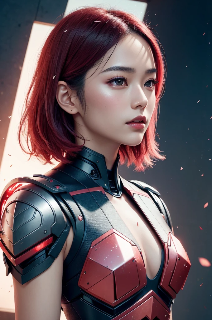beautiful japanese young woman, wearing cyborg armor, thick symmetrical features, very short hair, background is cherry blossoms, pink aura, red lips, octane render, , He has a round blue medallion around his neck , portrait headshot from front , on his armor is the word "collect." , portrait, portrait