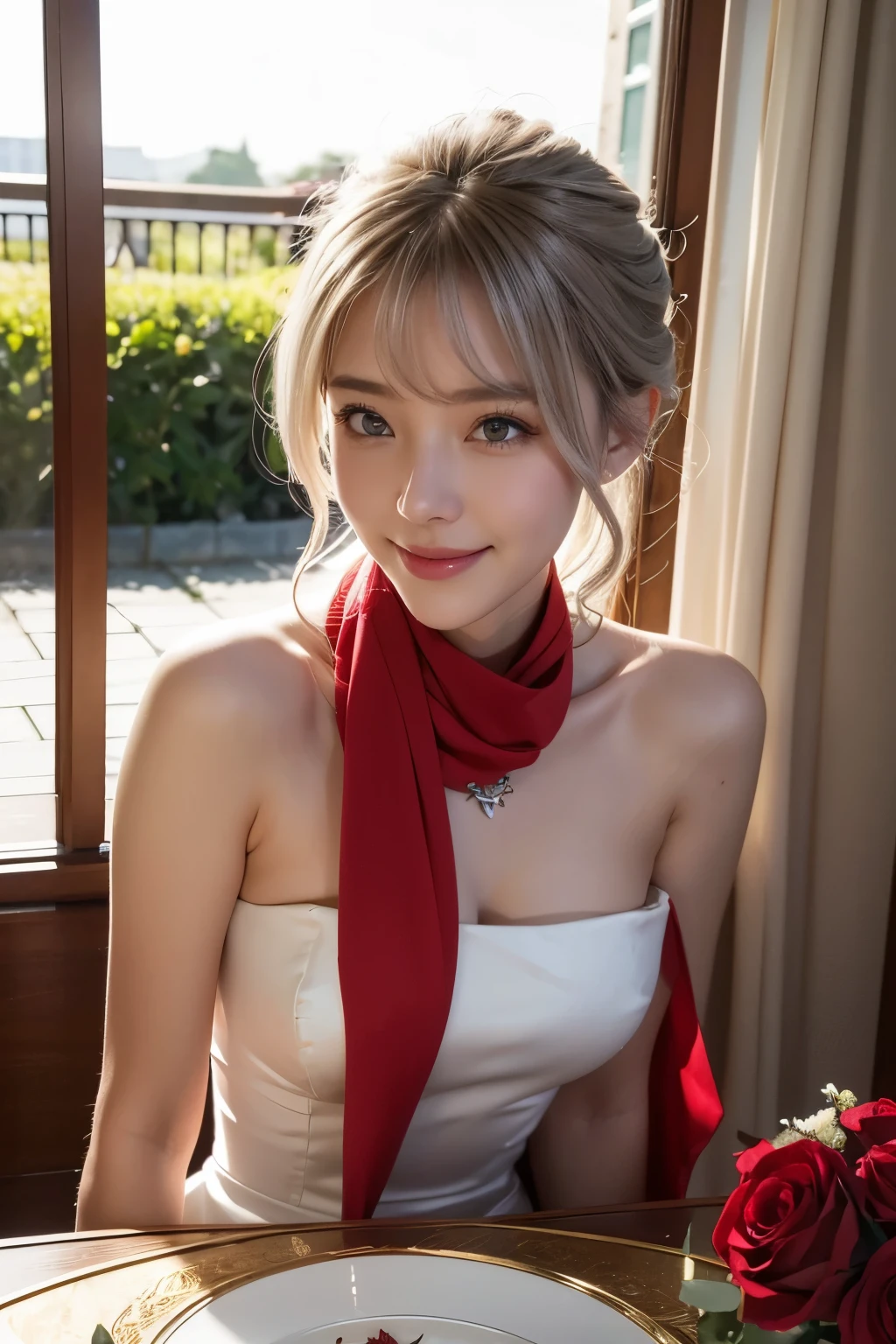 View, panorama, perspective, Depth of the bounds written, bust, Upper body, cinematic angle, table top, highest quality, super detailed, nffsw, 8k wallpaper, beautiful face, delicate eyes, Landmines, alone, smile, silver hair, golden eyes, Fair skin, hair, Red scarf, white evening dress, rose畑, Red flower, rose, flower garden, petal, 飛んでいるpetal, smile