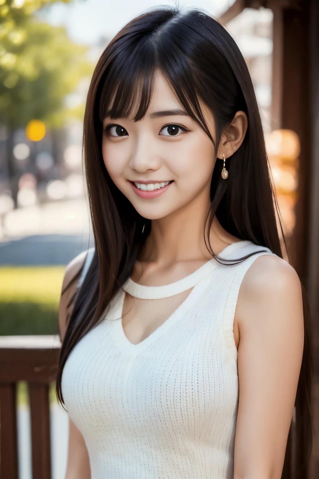 (masterpiece, highest quality, 8K:1.2), (adult women, 21 years old:1.2), alone, japanese woman, cute face, whole body, beautiful woman,model, beautiful features, Idol Style, big eyes, smile, (white sleeveless,one piece:1.2), Black hair straight, high resolution, 