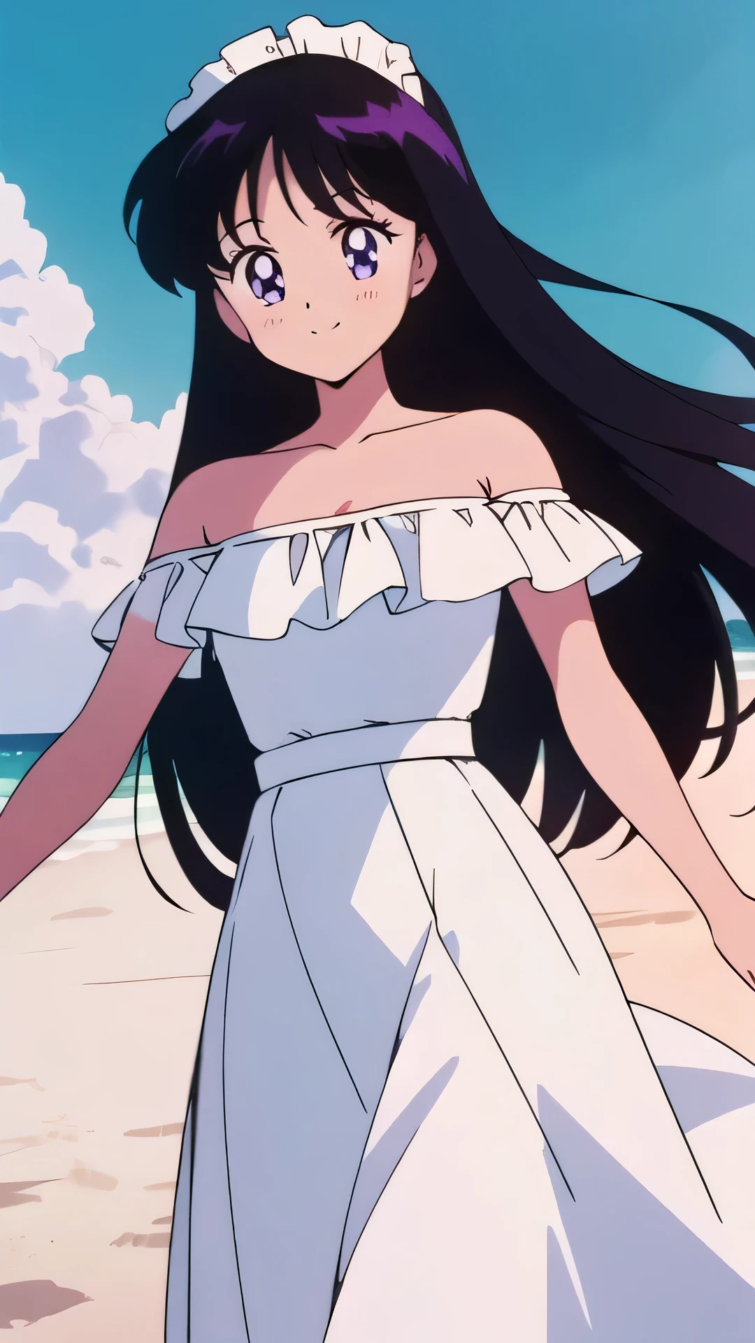 (retro anime girl:1.2), (white dress:1.1), (masterpiece:1.2), (best quality), (ultra detailed), (8k,4k), (half body:1.2), (cowboy:1.2), (close up:1.2), (highly detailed:1.2), (Ruffle Off-the-shoulder top:1.4), (Maxi skirt:1.4), Rei Hino, 1 girl, solo, Best quality, masterpiece, High Definition, Teenager, Purple Eyes, Beautiful Detail Eyes, Black Hair, Long Hair, Good hands at sides, Smile, Blushing, Bare Neck, Bare Arms, Bare Shoulders, short sleeve, Strapless, White Ruffle Off-the-Shoulder Top, White Off-the-shoulder Dress, White maxi dress, walking on the beach with bare feets, Background, sun rises, Close up,
