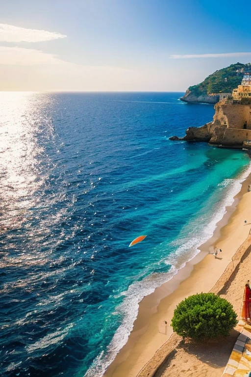 Southern Italian Sea、sunburn、A person seen from afar、sun、blue sea、beach、parasol