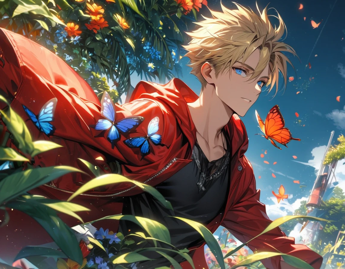 Ultra detailed, highres, absurdres, HDR, Vash Stampede, blond hair, blue eyes, red long coat with a hoodie, black shirt, amber round sunglasses, Trigun, green leaves, flowers and petals, summer, 1 man only, handsome, butterflies