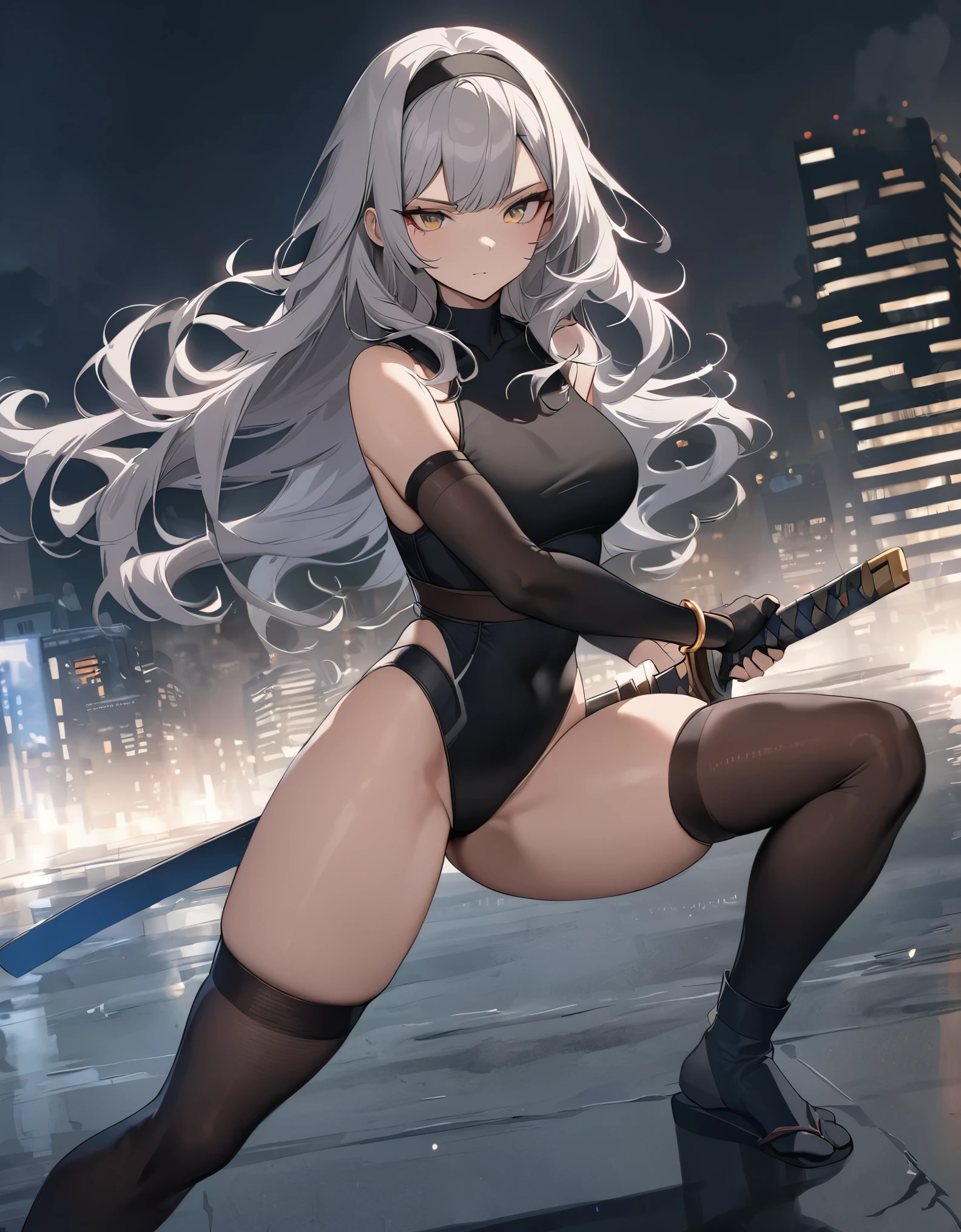 masterpiece, best quality, 1girl, grey hair, shoulder length hair, wavy hair, black hairband, auburn eyes, beautiful detailed eyes, beautiful detailed face, cute face, stoic, professional, ninja, black leotard, black tactical gloves, bare legs, gold bracelets, black thigh-high boots, using katana blade, scabbard, cityscape, night, noir atmosphere.