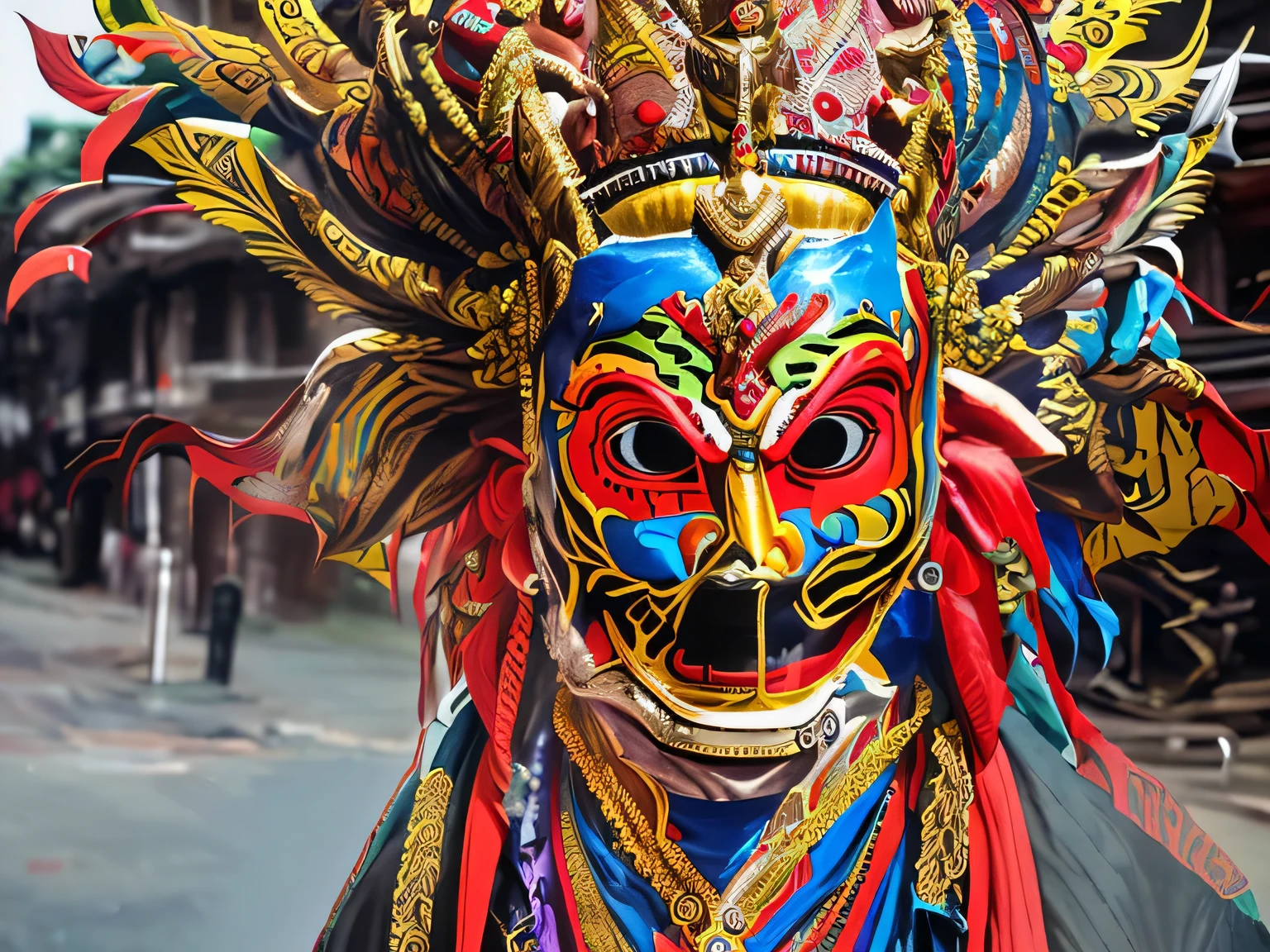 arafed mask with colorful ribbons and feathers on a street, yellow dragon head festival, villain wearing a red oni mask, ornate mask and fabrics, intricate mask, nepal, ornate mask, narasimha, regal and menacing visage, festival of rich colors, tribal mask, gorgeous and huge head ornaments, coy expression wearing intricate, wearing wooden mask