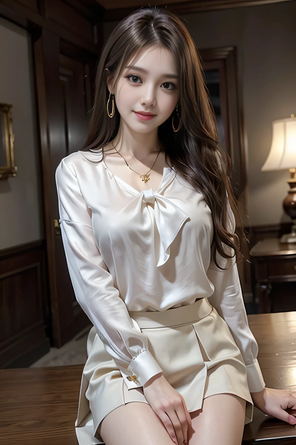 table top, highest quality, realistic, Super detailed, finely, High resolution, 8k wallpaper, 1 beautiful woman,, sharp focus, perfect dynamic composition, beautiful and detailed eyes, thin hair, Detailed realistic skin texture, smile, close-up portrait, model body shape、president'secretary、mini skirt、high heels、whole body、suit,((brown semi-long hair:1.2))((A wave that curves gently inwards:1.2)),((Gold Necklace_big earrings:1.2)),((shy smile:1.3)),((Blouse and skirt, Wearing a white silk blouse,Please wear a white shirt and a dark purple skirt.:1.3)), 、whole bodyショット、((Standing whole body figure supermodel, whole bodyがフレーム内に収まる))、in a luxurious room