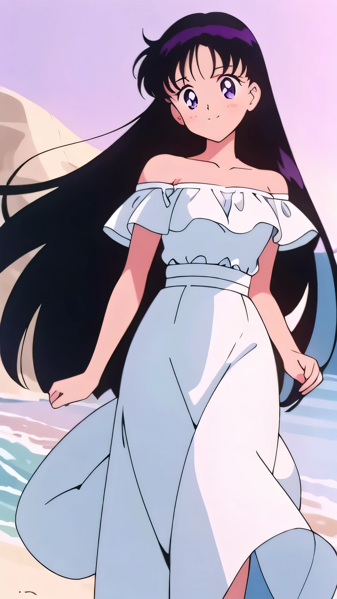 (retro anime girl:1.2), (white dress:1.1), (masterpiece:1.2), (best quality), (ultra detailed), (8k,4k), (half body:1.2), (cowboy:1.2), (close up:1.2), (highly detailed:1.2), (Ruffle Off-the-shoulder top:1.4), (Maxi skirt:1.4), Rei Hino, 1 girl, solo, Best quality, masterpiece, High Definition, Teenager, Purple Eyes, Beautiful Detail Eyes, Black Hair, Long Hair, Good hands at sides, Smile, Blushing, Bare Neck, Bare Arms, Bare Shoulders, short sleeve, Strapless, White Ruffle Off-the-Shoulder Top, White Off-the-shoulder Dress, White maxi dress, walking on the beach with bare feets, Background, sun rises, Close up,