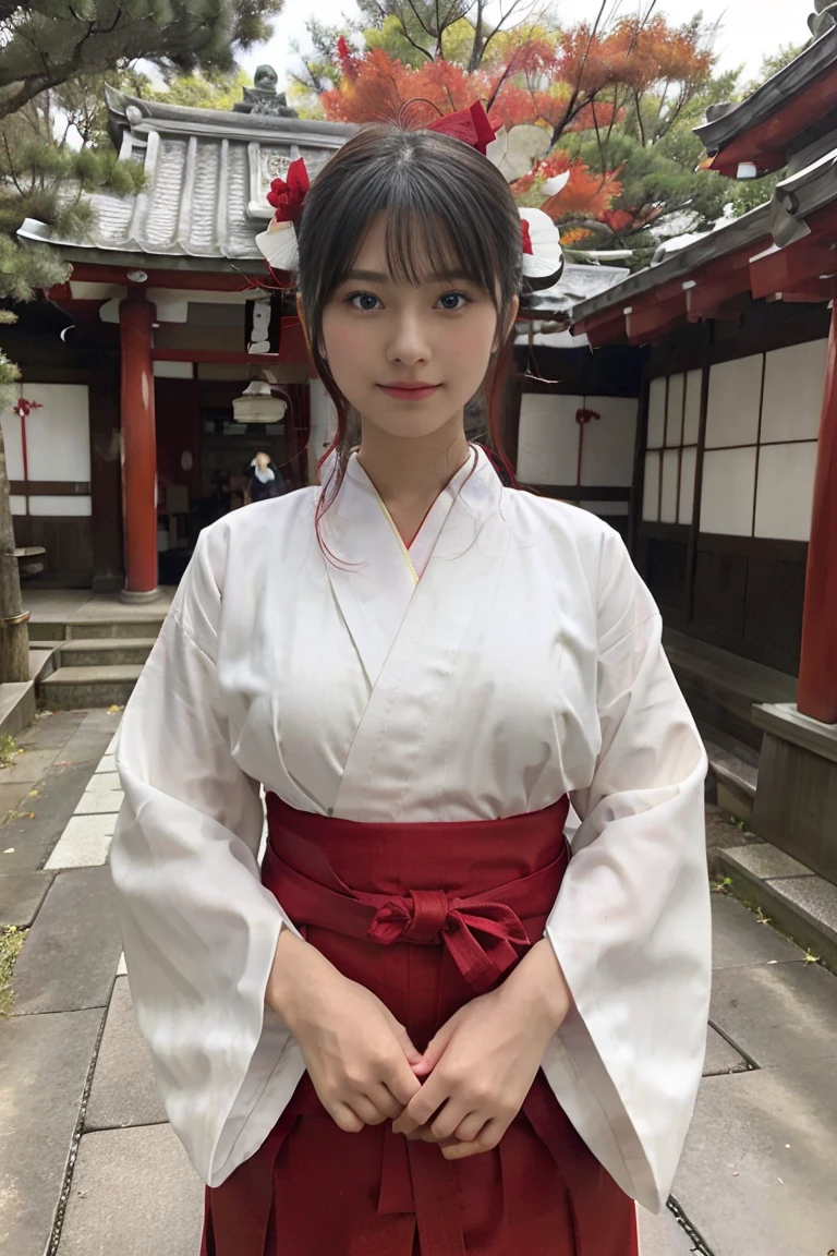 16 year old Japanese shrine maiden, shrine precincts, (scarlet hakama),white kimono, gigantic breasts