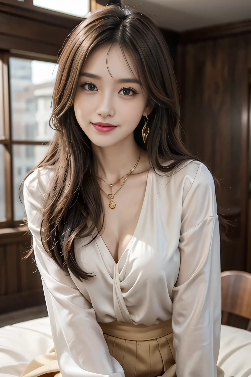 table top, highest quality, realistic, Super detailed, finely, High resolution, 8k wallpaper, 1 beautiful woman,, sharp focus, perfect dynamic composition, beautiful and detailed eyes, thin hair, Detailed realistic skin texture, smile, close-up portrait, model body shape、president'secretary、mini skirt、high heels、whole body、suit,((brown semi-long hair:1.2))((A wave that curves gently inwards:1.2)),((Gold Necklace_big earrings:1.2)),((shy smile:1.3)),((Blouse and skirt, Wearing a white silk blouse,Please wear a white shirt and a dark purple skirt.:1.3)), 、whole bodyショット、((Standing whole body figure supermodel, whole bodyがフレーム内に収まる))、in a luxurious room