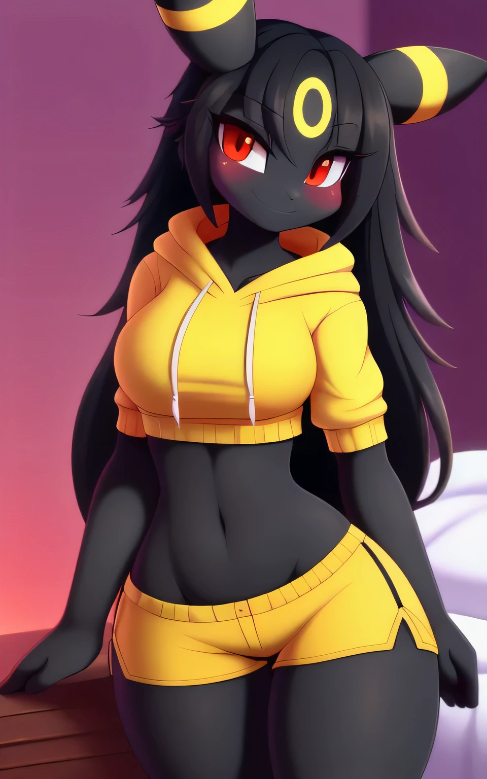 Umbreon girl, sexy, sensual, uploaded to E621, beautiful and detailed portrait of an anthropomorphic umbreon ((female))) uploaded to E621, ((by r-mk)), black hair, medium breasts, thick thighs, hips, teenager ((18years)), solo, skinny body, bedroom, blush, embarrassed smile, long hair, ((red eyes, black fur, black body)), (white hoddie, blue shorts)