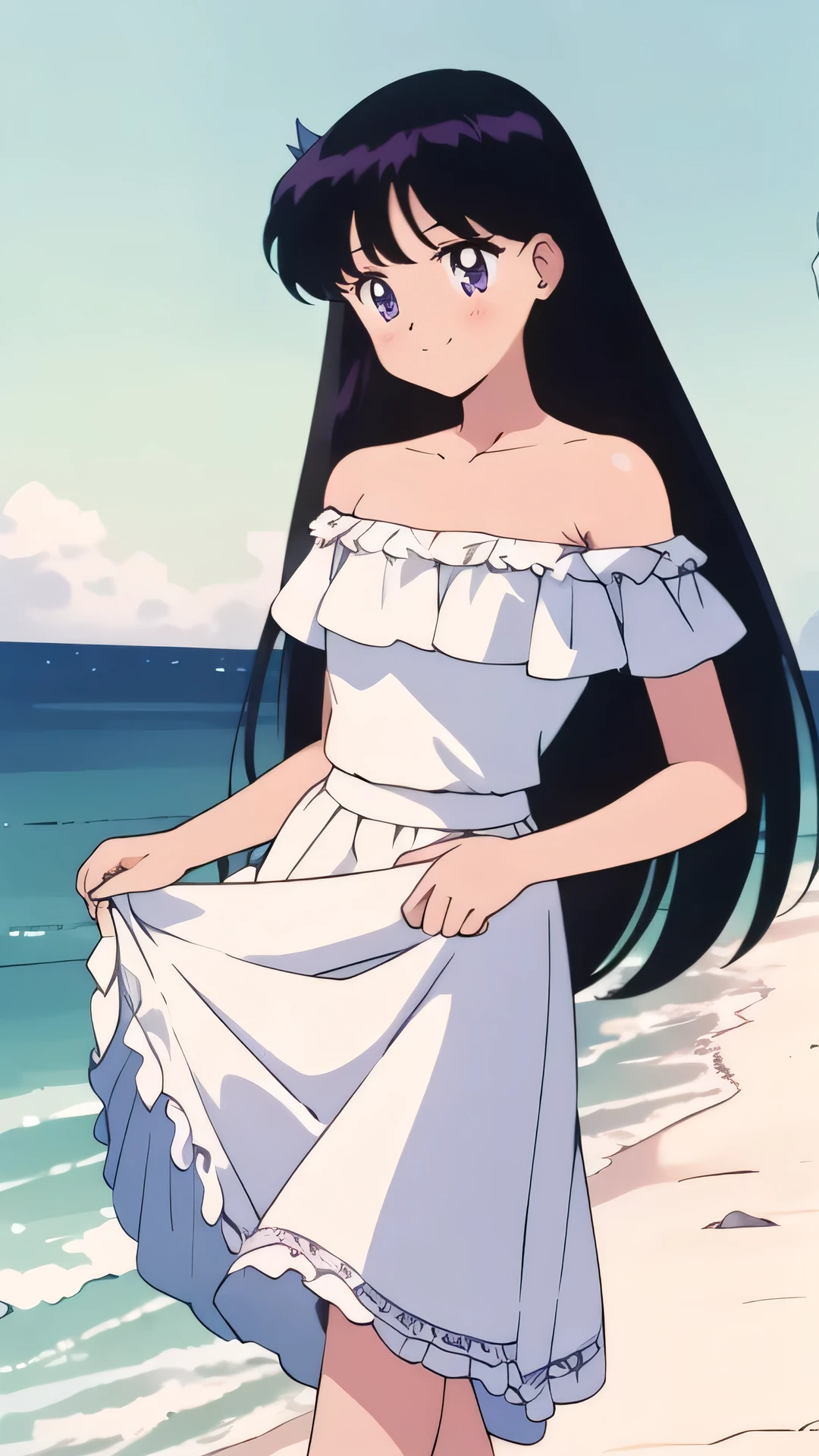 (retro anime girl:1.2), (white dress:1.1), (masterpiece:1.2), (best quality), (ultra detailed), (8k,4k), (half body:1.2), (cowboy:1.2), (close up:1.2), (highly detailed:1.2), (Ruffle Off-the-shoulder top:1.4), (Maxi skirt:1.4), Rei Hino, 1 girl, solo, Best quality, masterpiece, High Definition, r, Purple Eyes, Beautiful Detail Eyes, Black Hair, Long Hair, Good hands at sides, Smile, Blushing, Bare Neck, Bare Arms, Bare Shoulders, short sleeve, Strapless, White Ruffle Off-the-Shoulder Top, White Off-the-shoulder Dress, White maxi dress, walking on the beach with bare feets, Background, sun rises, Close up,