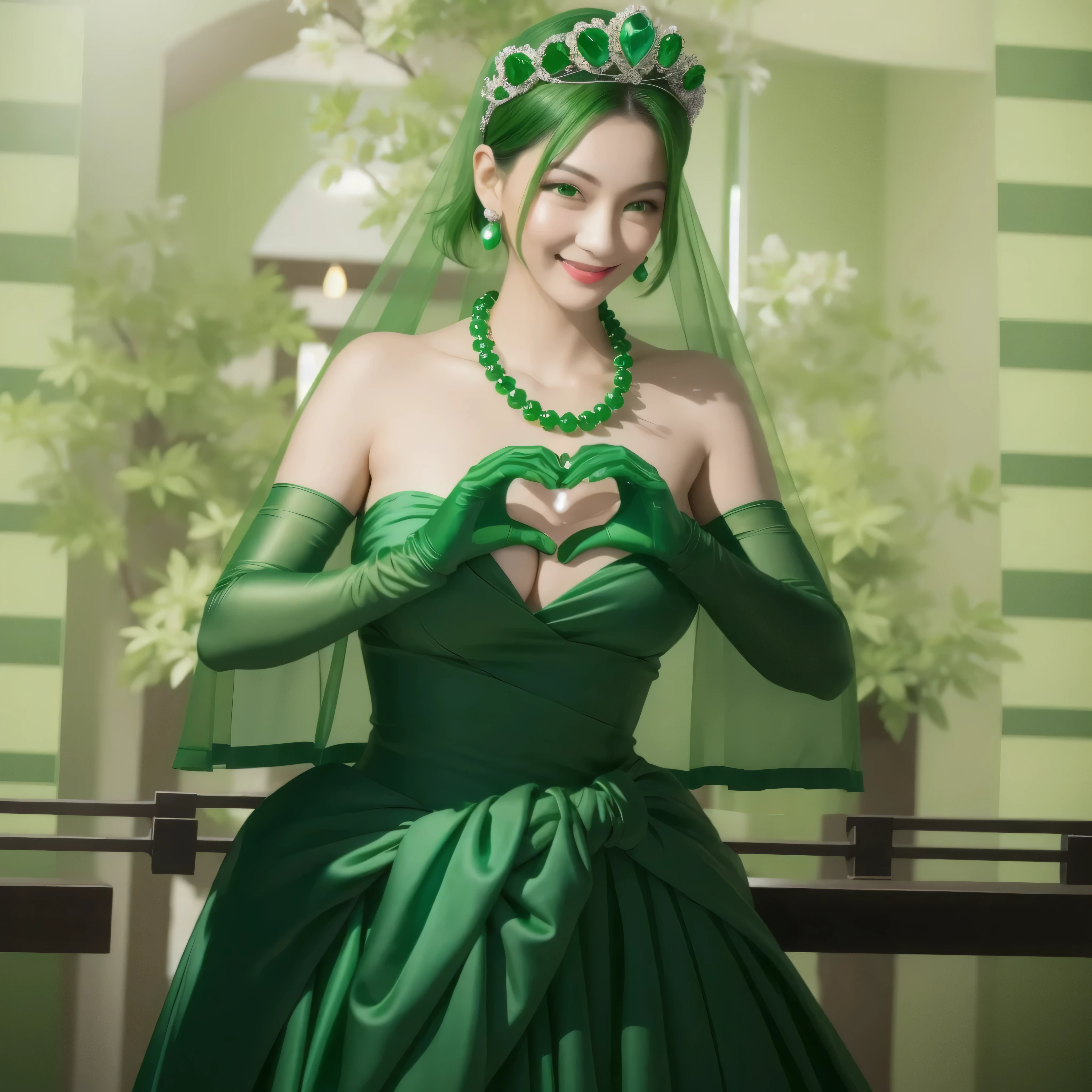 emerald tiara, green pearl necklace, boyish very short green hair, Green Lips, smiling Japanese woman, very short hair, Beautiful woman with big breasts, green eyes, Green satin gloves, green eyes, emerald earrings, green veil, Heart with both hands, green hair, beautiful japanese woman, Heart shaped hands:1.3, green lip gloss