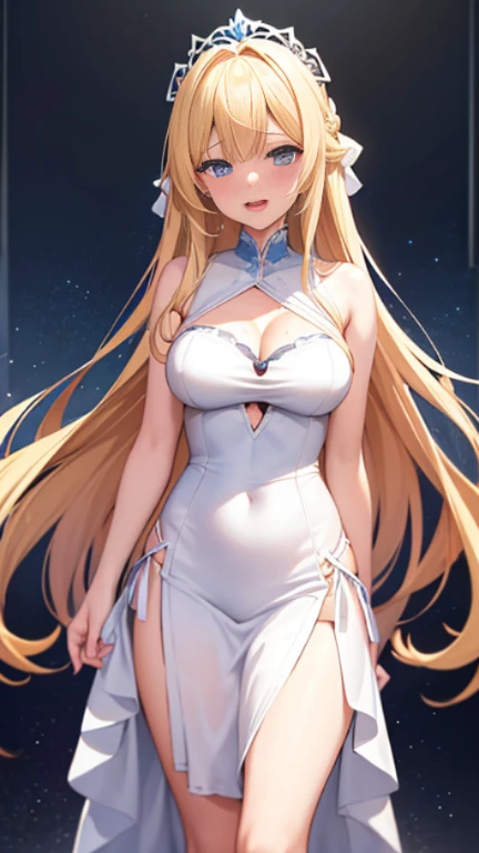 anime girl with long blonde hair and blue eyes in a white dress, , blonde anime girl with long hair, anime goddess, seductive anime girl, render of april, ecchi, from the azur lane videogame, splash art anime , ahegao, in dress, , pixiv 3dcg, ahegao, blush, sweat, open mouth, rolling eyes, tears, tongue out,