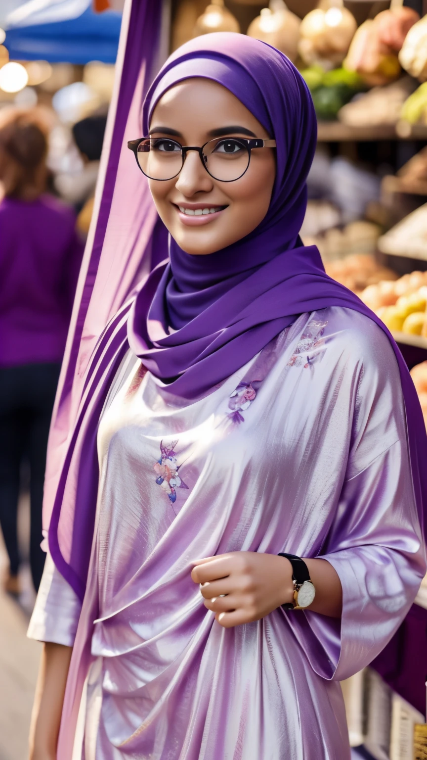full body image of ultra realistic,16k, enhanced quality, perfect face, perfect hands, perfect body, ultra detailed, perfect hair, girl wearing glasses, perfect glasses, perfect smile, ultra realistic,wearing soft purple nigerian hijab, perfect nigerianhijab, muslim women white long floral dress, perfect dress, sandals, a purse on shoulder,standing in a market,illustration,cozy atmosphere, morning scene,tranquil surroundings,serene expression,peaceful environment,pleasant weather,blissful ambiance,textured fabrics,exquisite detailing,lively marketplace,loose hijab,comfortable clothing style,serene expression, feminine pose,lively,energetic atmosphere,sunny day,bright and cheerful,face to viewer,body facing to viewer,full body portrait,tall background
