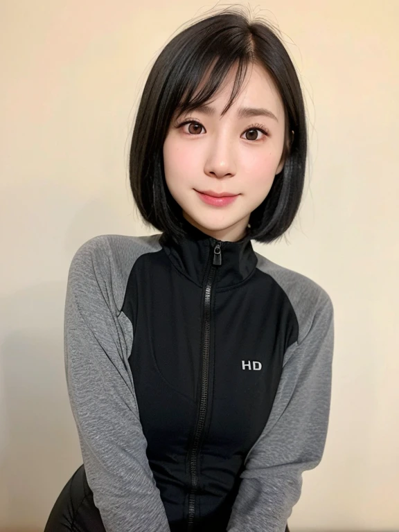 (kawaii 24 year-old Japanese girl, Nogizaka idol, Korean idol), healthy female figure skater, athletic body, (glossy black hair, messy very short hair, messy pixie cut, symmetric hair length, even length hair edges:1.3), (bangs), (extra rounded face, black eyes, single eyelid, no makeup, soft smiling:1.2), (wearing grey long sleeved half zipped training jacket, mat black spandex sports leggings:1.3), (flat chest, extra small breasts:0.8), (looking at viewer:1.2), BREAK, (ice arena background:1.3), (angle from below, view from forward, close shot, legs aligned, leaning forward a little and holding one's knees by both arms:1.3), BREAK, (masterpiece, best quality, photo realistic, official art:1.4), (UHD, 8K quality wallpaper, high resolution, raw photo, golden ratio:1.2), (shiny skin), professional lighting, physically based rendering, award winning, (perfect anatomy, highly detailed skin, extremely detailed face and eyes), Carl Zeiss 300 mm F/2.8, depth of field, 1girl, solo,