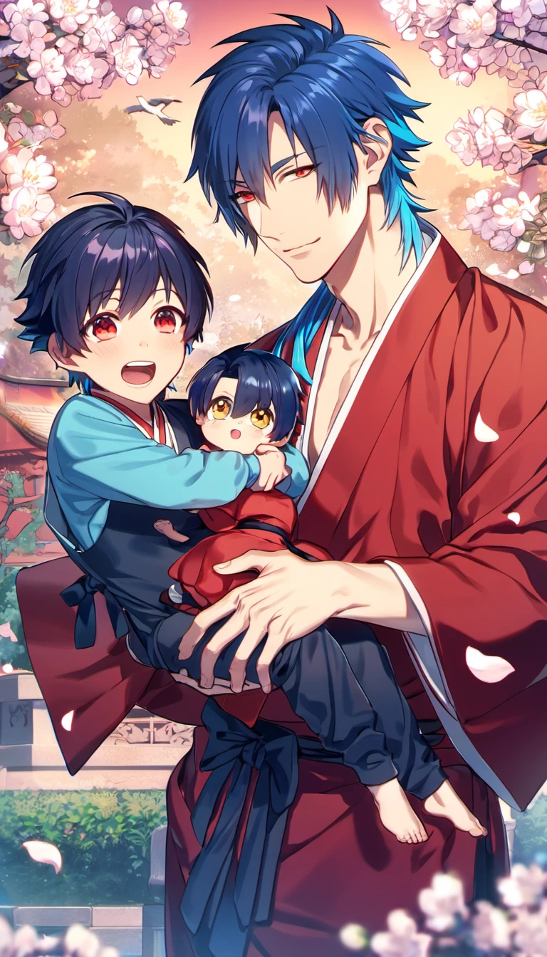 absurdres, highres, ultra detailed, HDR, masterpiece, Koujaku, dark navy hair that is short and a little chopped at the top, expressive red eyes, Dramatical Murder, Seragaki Aoba, blue hair, expressive golden eyes, 2 men together, carrying a cute boy, gay couple, red kimono, designed with decorations such as blue leaves, birds and blossoms, petals, garden