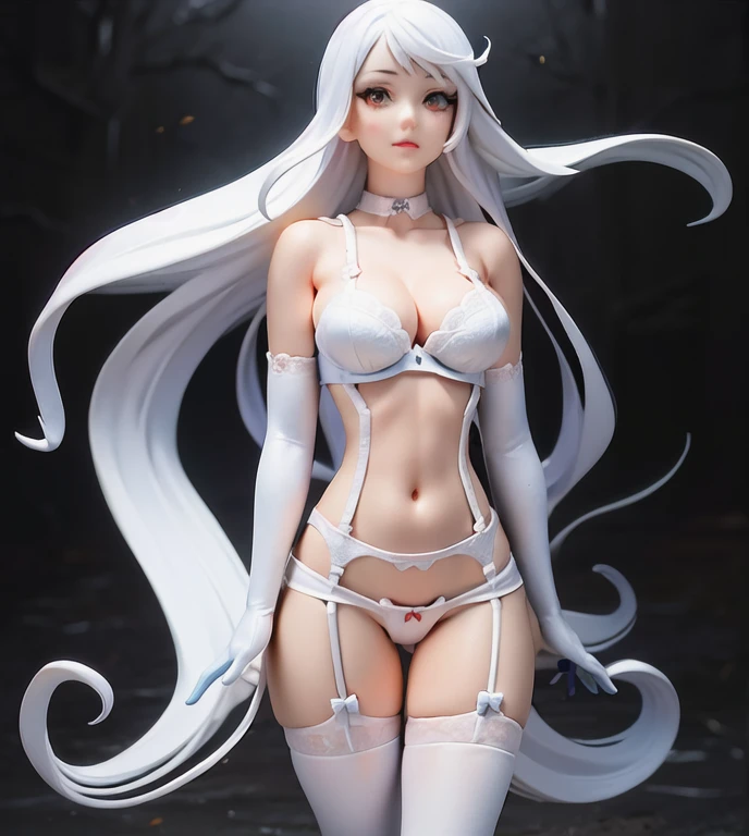 (lace, lace-trim, white elbow gloves, white bow bra, white thighhighs, bare shoulders, thighs, underwear only, bow panties, white choker, g-string, thong:1.4), cleavage, (orange eyes, long white hair, swept bangs, messy hair:1.4), (pink lips, hair flower, pink flower, makeup:1.2), 1girl, thigh gap, ((outdoors, hills, grass, leaves, blue sky, sun, flowers)), (arms by side1.2), (((white garter straps, white garter belt:1.2))), (white skin)