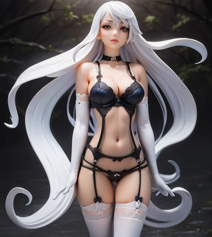 (lace, lace-trim, white elbow gloves, white bow bra, white thighhighs, bare shoulders, thighs, underwear only, bow panties, white choker, g-string, thong:1.4), cleavage, (orange eyes, long white hair, swept bangs, messy hair:1.4), (pink lips, hair flower, pink flower, makeup:1.2), 1girl, thigh gap, ((outdoors, hills, grass, leaves, blue sky, sun, flowers)), (arms by side1.2), (((white garter straps, white garter belt:1.2))), (white skin)