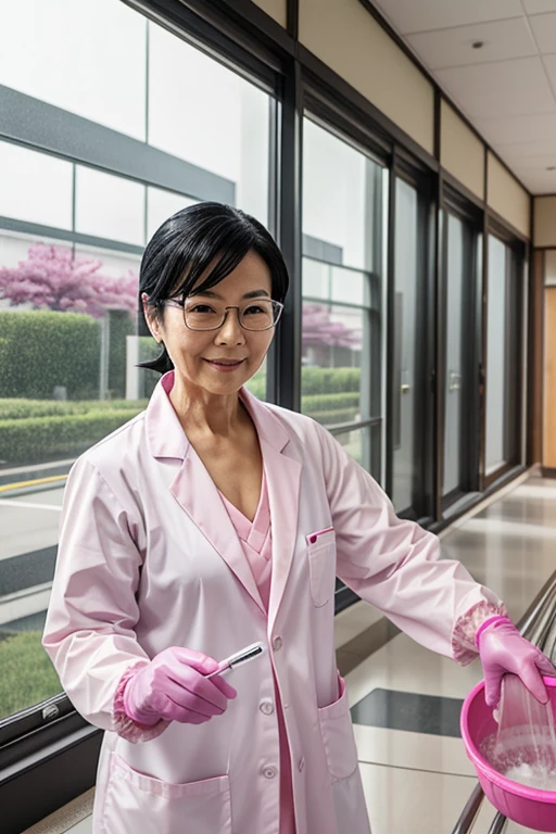 A Japanese mature woman with black hair and glasses wearing pink rubber gloves and a white lab coat washing the windows of a school building with a hose