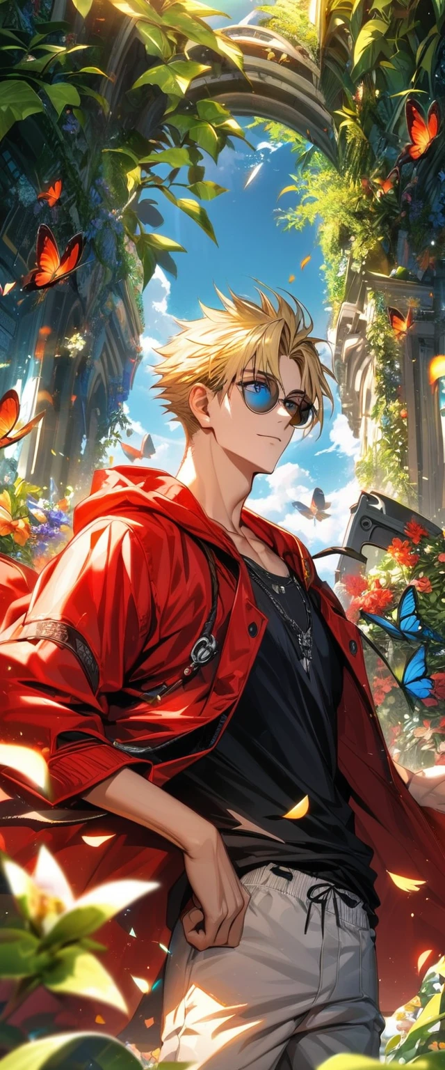 Ultra detailed, highres, absurdres, HDR, Vash Stampede, blond hair, blue eyes, red long coat with a hoodie, black shirt, amber round sunglasses, Trigun, green leaves, flowers and petals, summer, 1 man only, handsome, butterflies