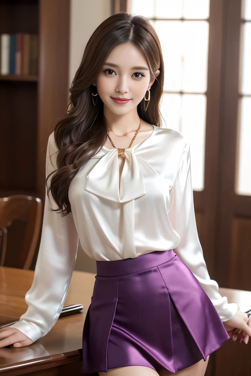 table top, highest quality, realistic, Super detailed, finely, High resolution, 8k wallpaper, 1 beautiful woman,, sharp focus, perfect dynamic composition, beautiful and detailed eyes, thin hair, Detailed realistic skin texture, smile, close-up portrait, model body shape、president'secretary、mini skirt、high heels、whole body、suit,((brown semi-long hair:1.2))((A wave that curves gently inwards:1.2)),((Gold Necklace_big earrings:1.2)),((shy smile:1.3)),((Blouse and skirt, Wearing a white silk blouse,Please wear a white shirt and a dark purple skirt.:1.3)), 、whole bodyショット、((Standing whole body figure supermodel, whole bodyがフレーム内に収まる))、in a luxurious room
